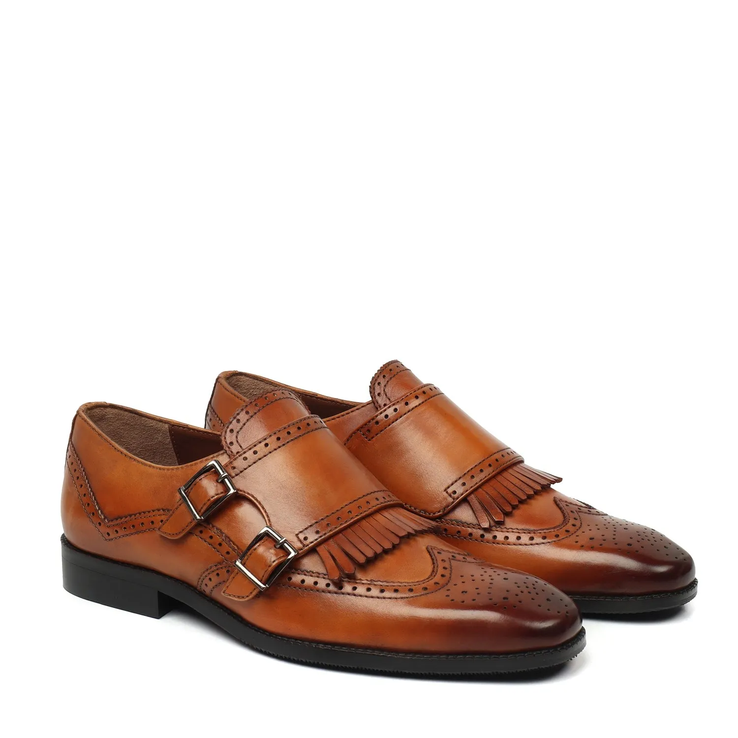 Airport Style Tan Medallion Toe Wingtip Punching with Fringes Double Monk Strap Formals by Brune & Bareskin