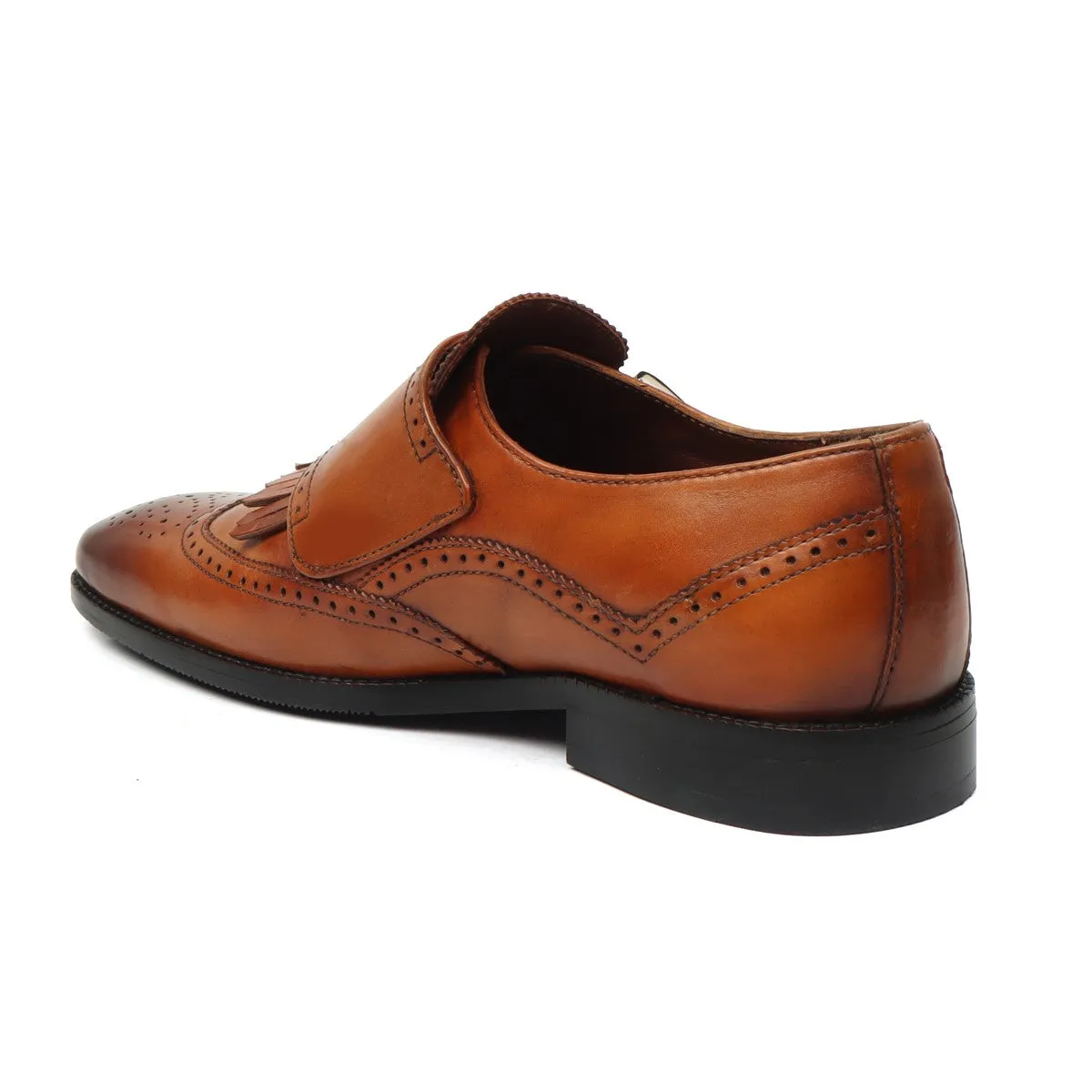 Shine Shade Tan Medallion Toe Wingtip Punching with Fringes Double Monk Strap Formals by Brune & Bareskin