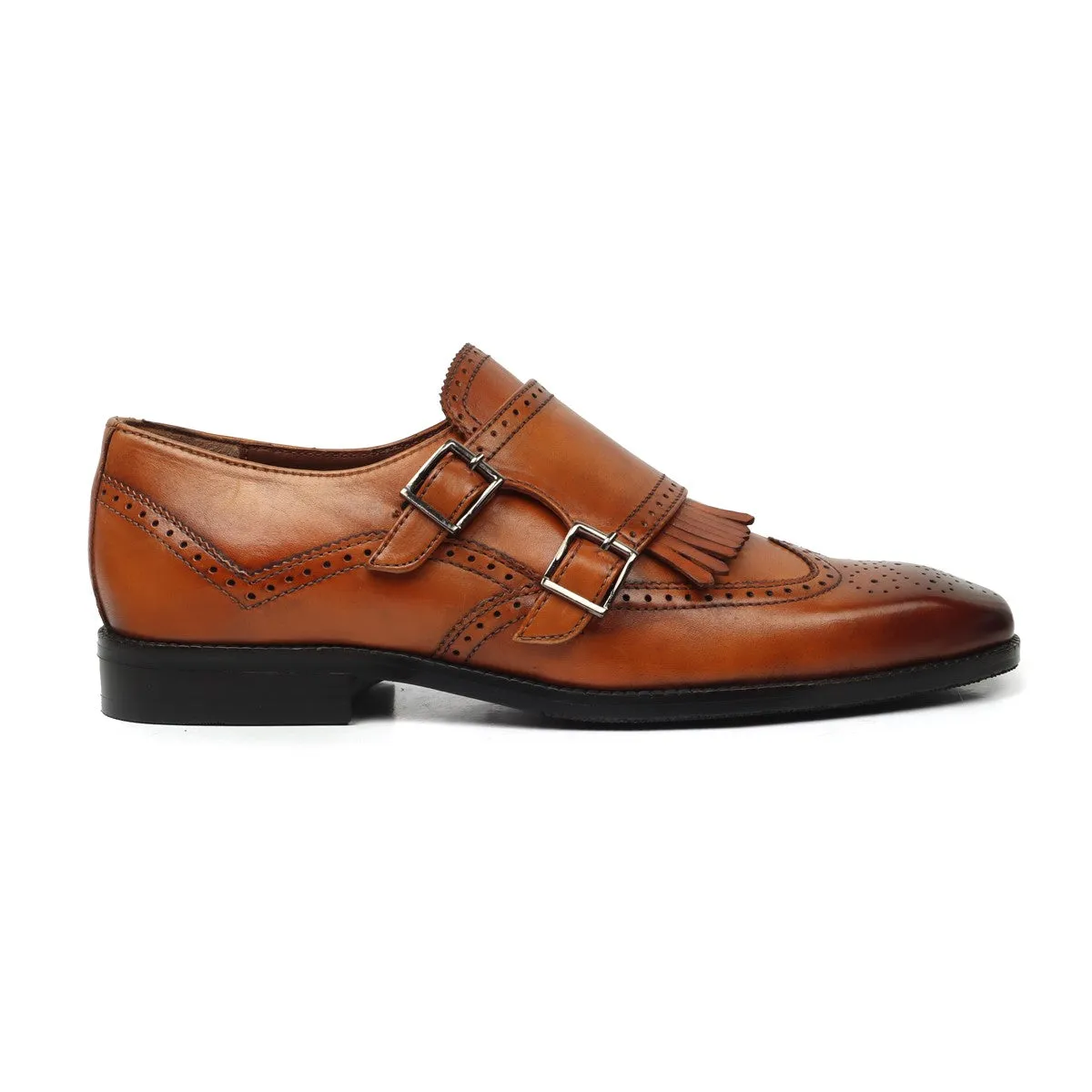 Luxe Shade Tan Medallion Toe Wingtip Punching with Fringes Double Monk Strap Formals by Brune & Bareskin