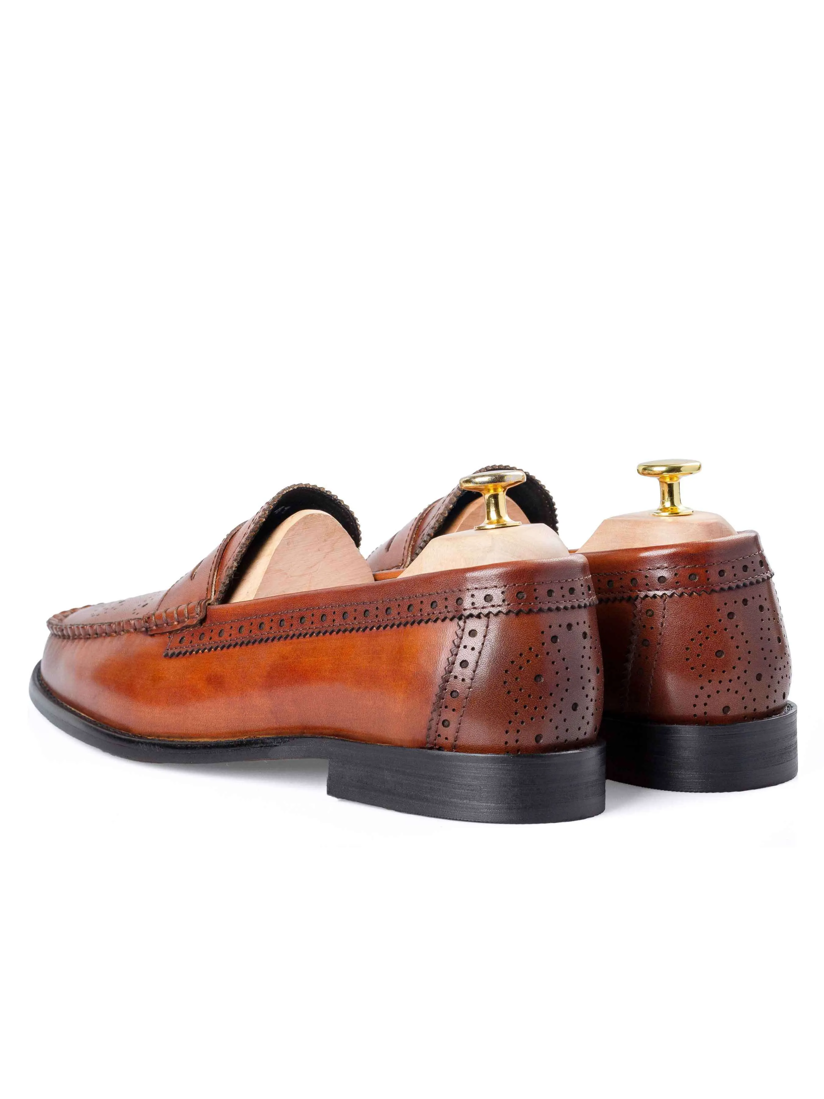 Brogue Penny Loafer - Cognac Tan Comfortable Sole Open Street