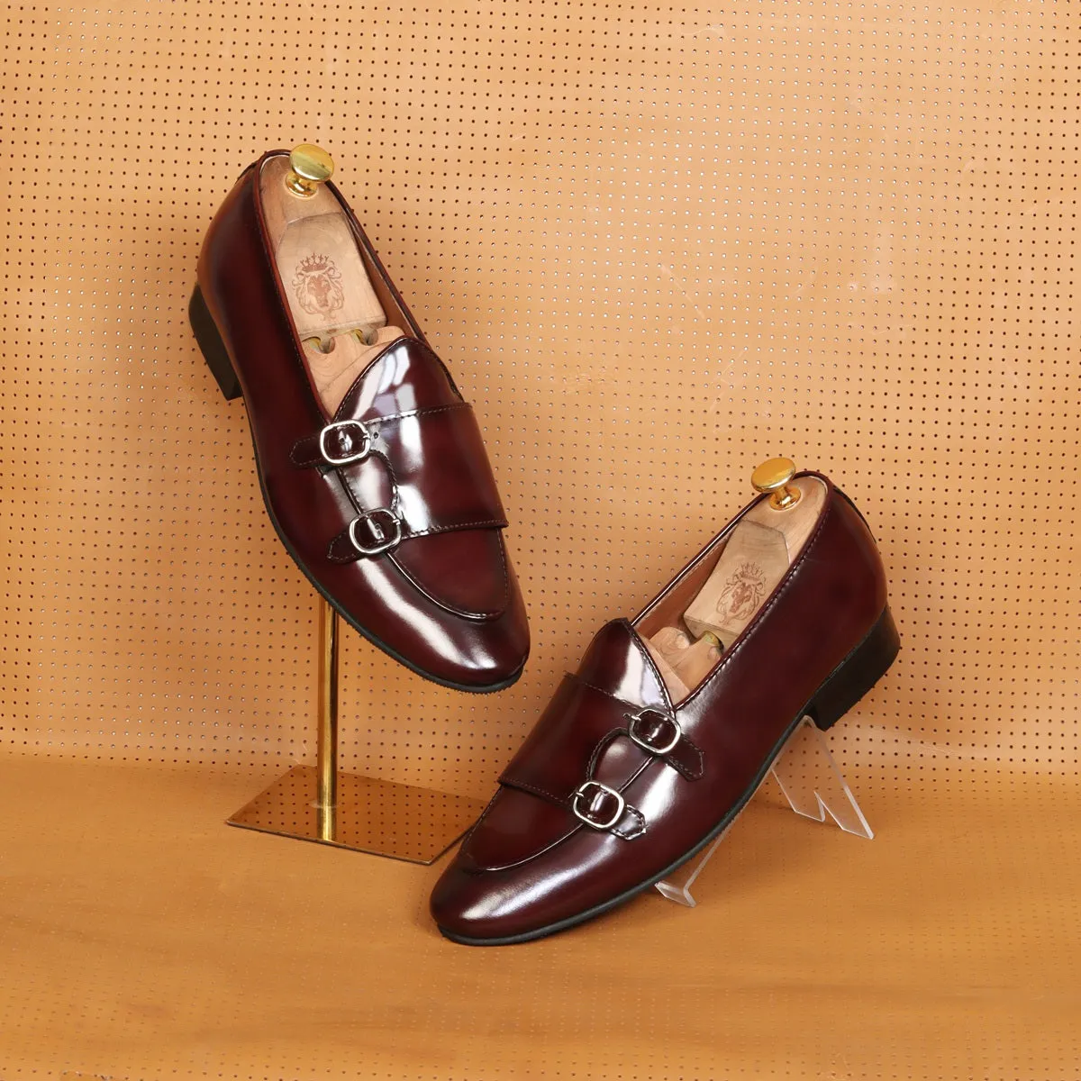Wine Monk Strap Slip-On In Brush Off Leather By Brune & Bareskin Arch Lift Modern Design