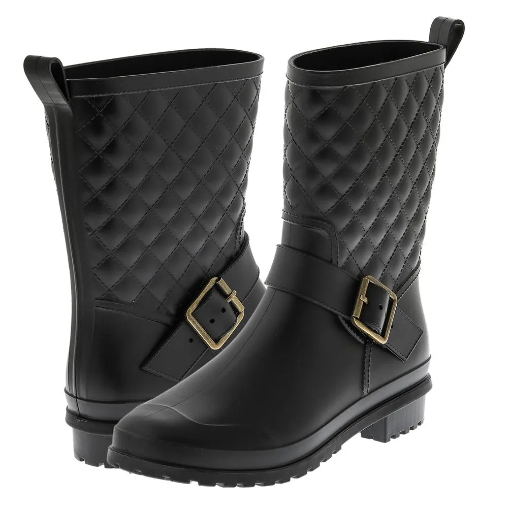 Ladies Matte Solid Black Quilted Mid-Calf Rain Boot Soft Lining