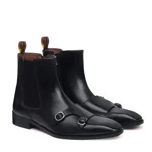 Full Grain Sleek Double Monk Chelsea Boot in Black Genuine Leather Side Zipper By Brune & Bareskin
