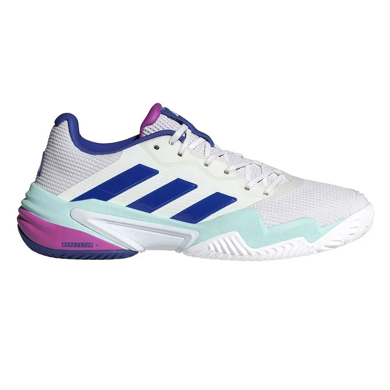 lace up closure fitness gear Adidas Barricade 13 All Court Tennis Shoe (Mens) - White/Lucid Blue/Flash Aqua