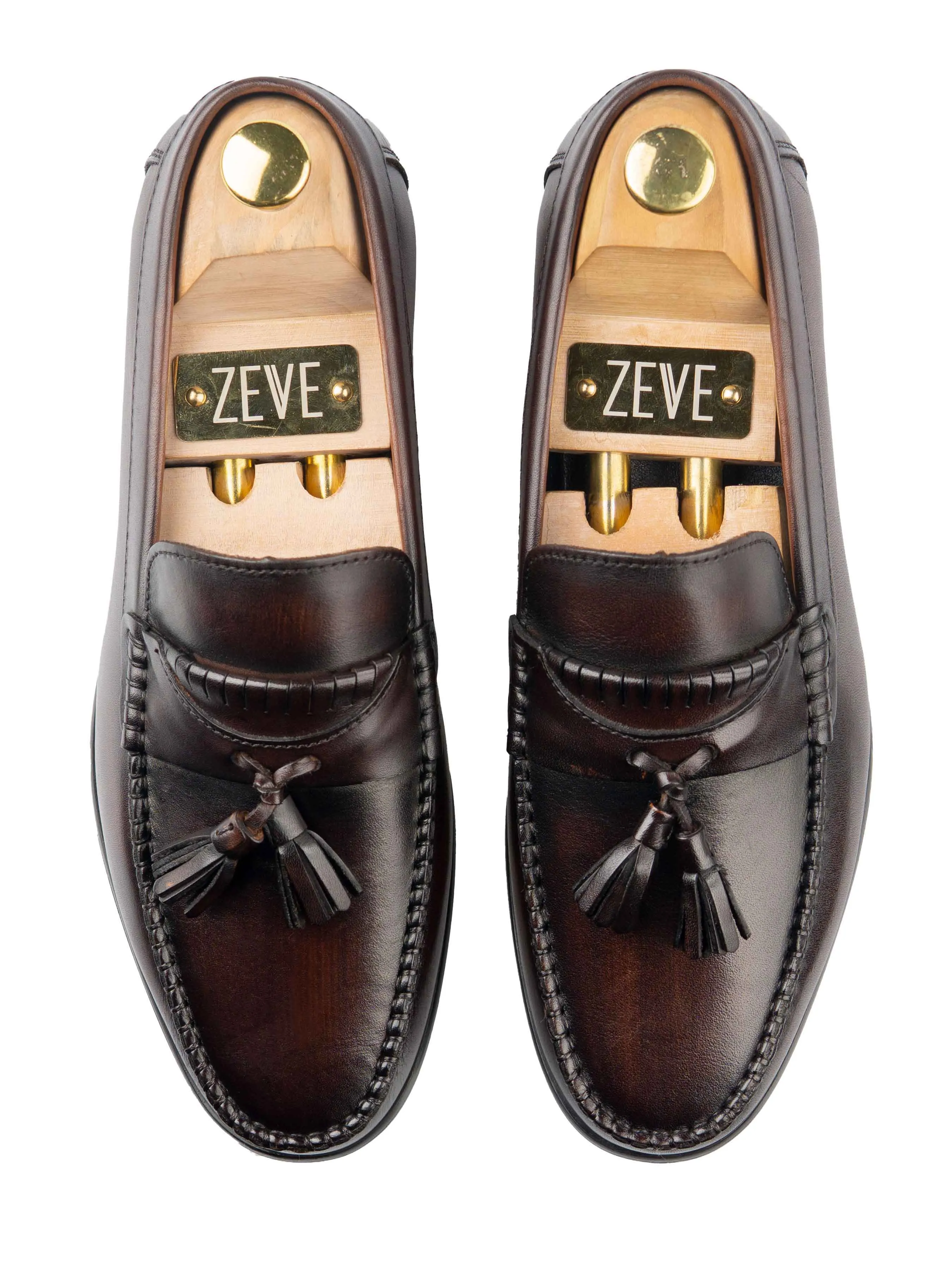 Calm Lane Low Cut Tassel Moccasin Loafer - Dark Brown (Hand Painted Patina)