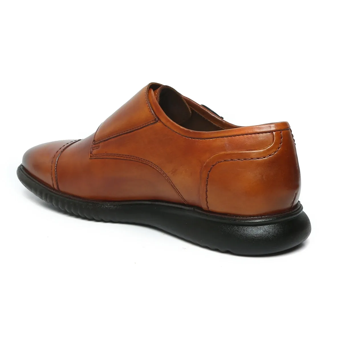 Cap Toe Tan Leather Light Weight Double Monk Shoes by Brune & Bareskin First Step Polish Edge