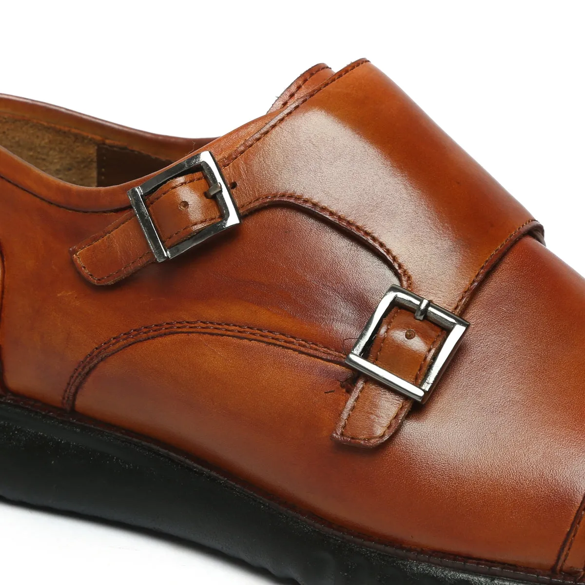 Fine Shade Cap Toe Tan Leather Light Weight Double Monk Shoes by Brune & Bareskin