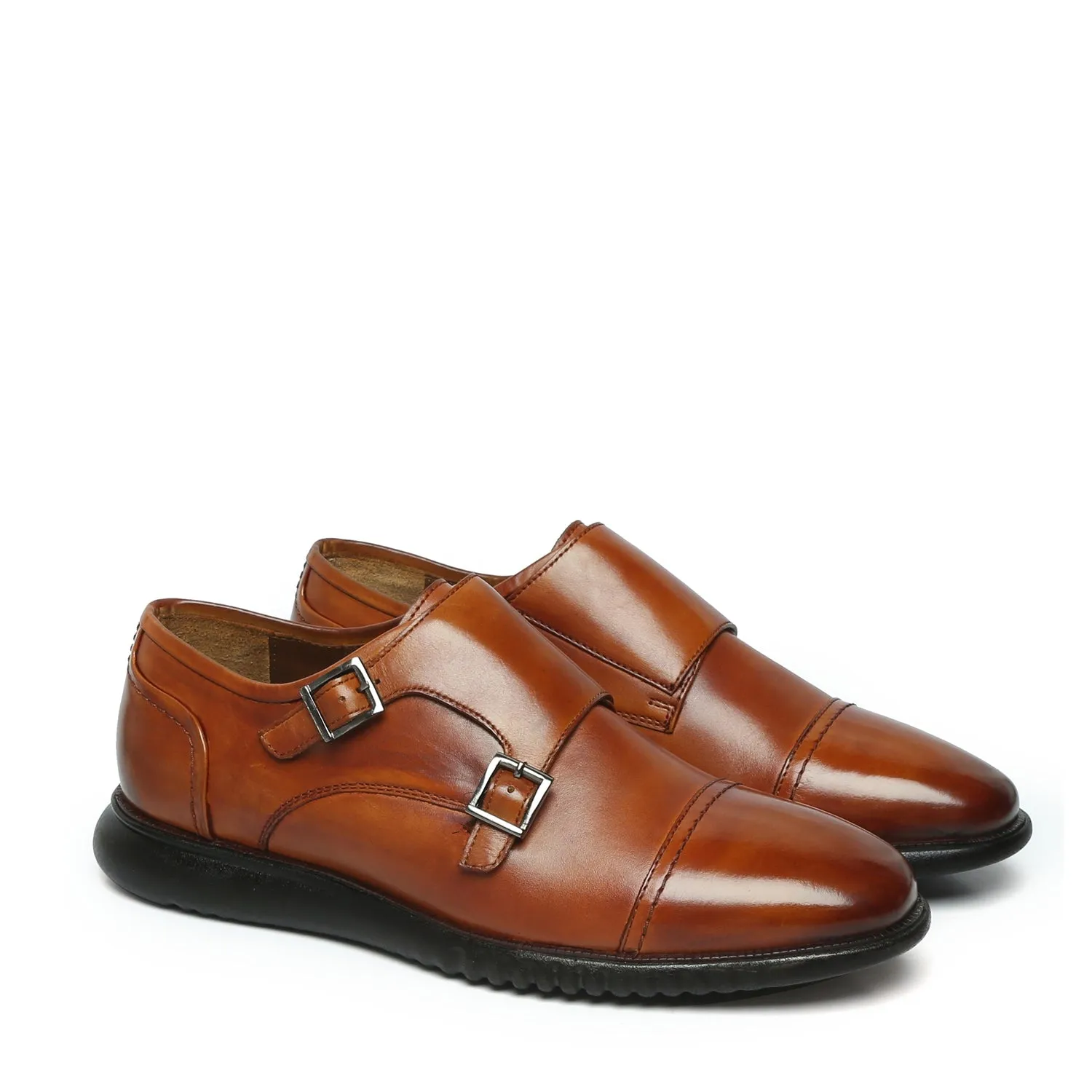 Crisp Trim Mono Look Cap Toe Tan Leather Light Weight Double Monk Shoes by Brune & Bareskin