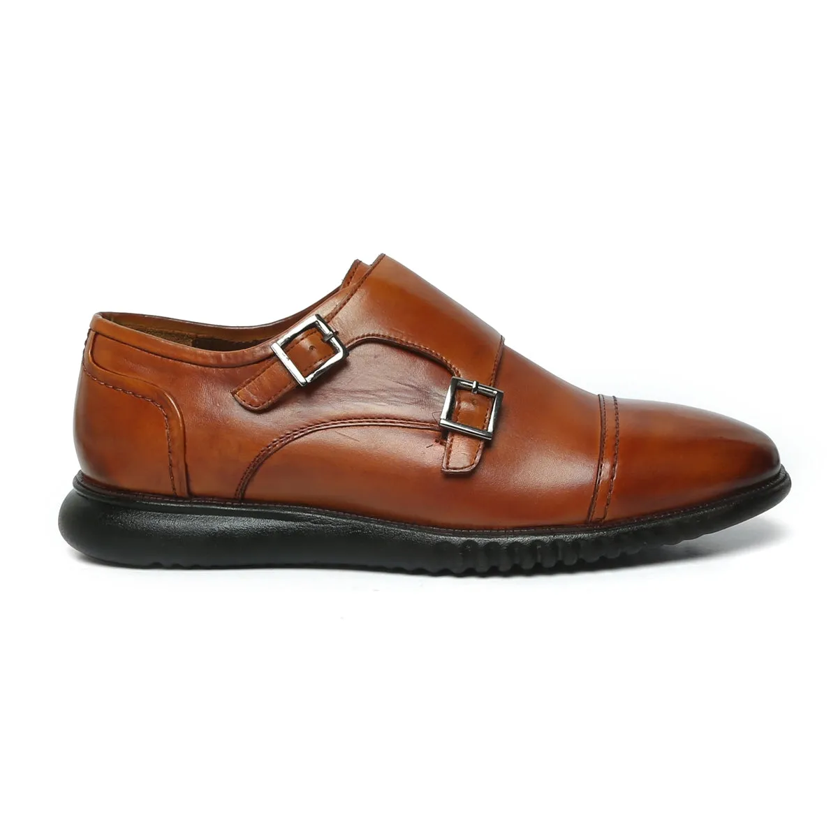 Cap Toe Tan Leather Light Weight Double Monk Shoes by Brune & Bareskin Gala Sharp Trust Walk