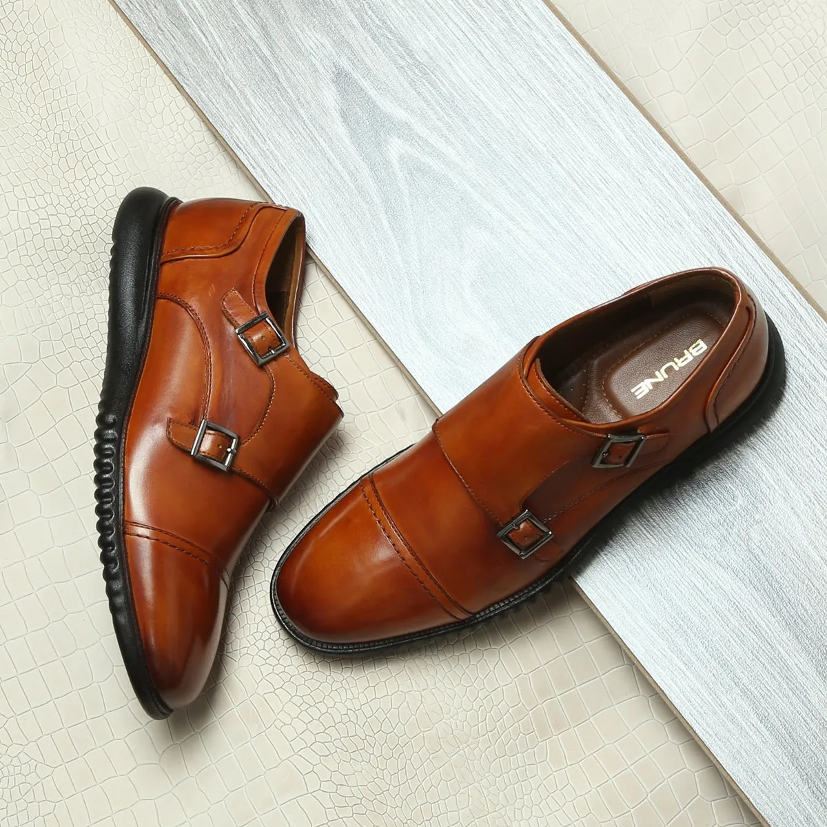 Cap Toe Tan Leather Light Weight Double Monk Shoes by Brune & Bareskin Form Core Gloss Cover