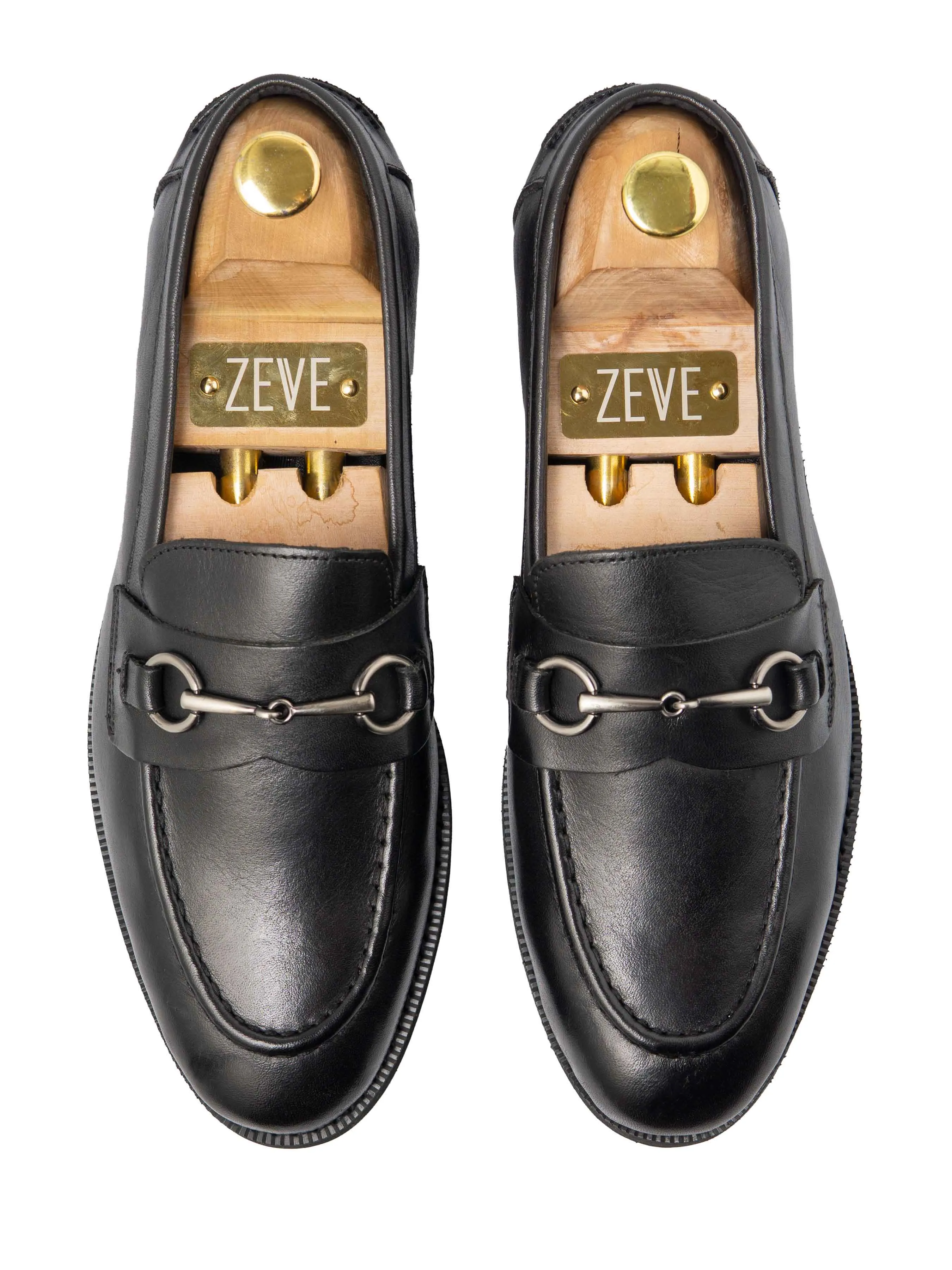 Morning Breeze Trendy Padding Penny Loafer Horsebit Silver Buckle - Black Leather (Crepe Sole)