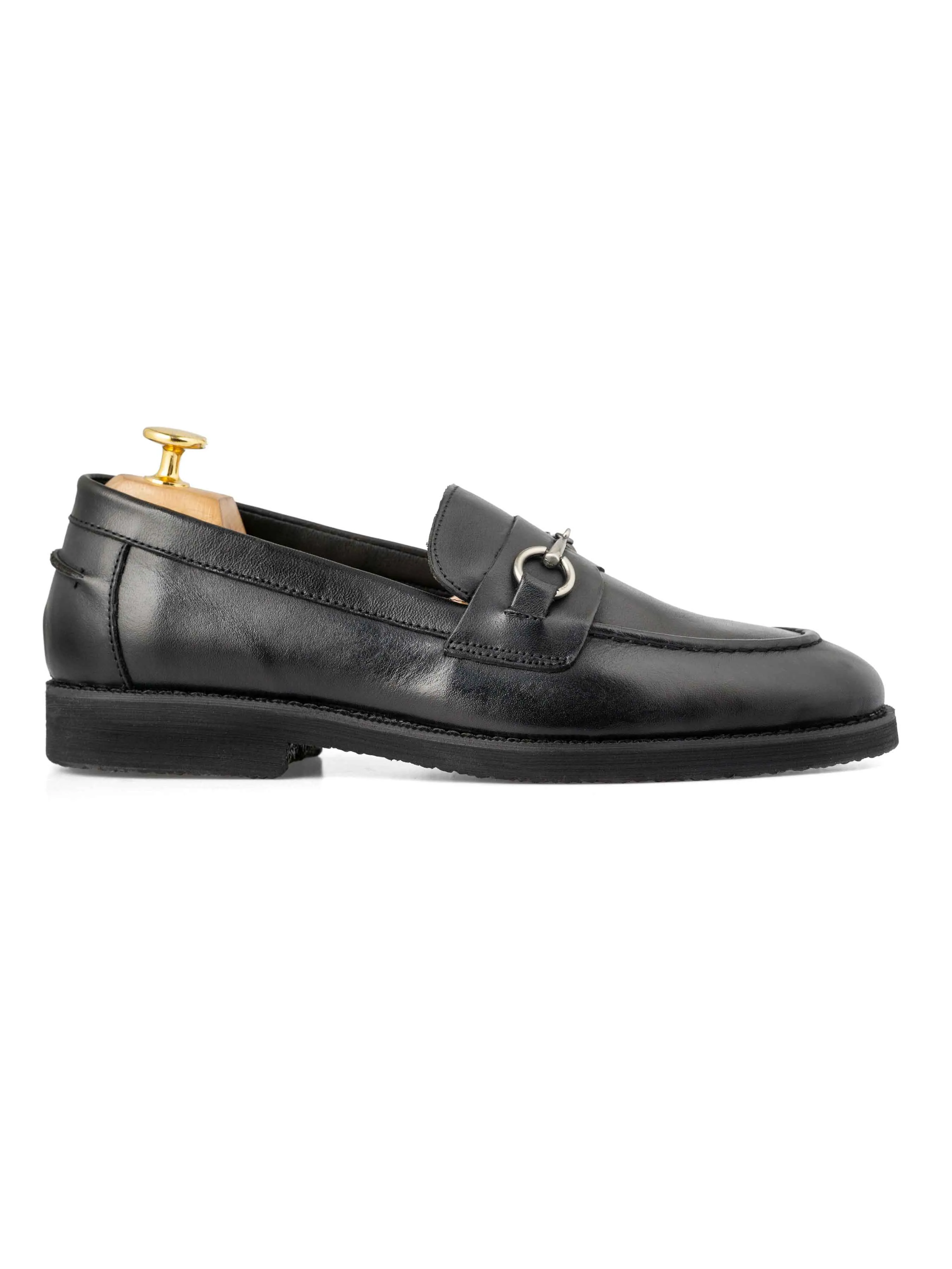 Penny Loafer Horsebit Silver Buckle - Black Leather (Crepe Sole) Relaxed Shoes
