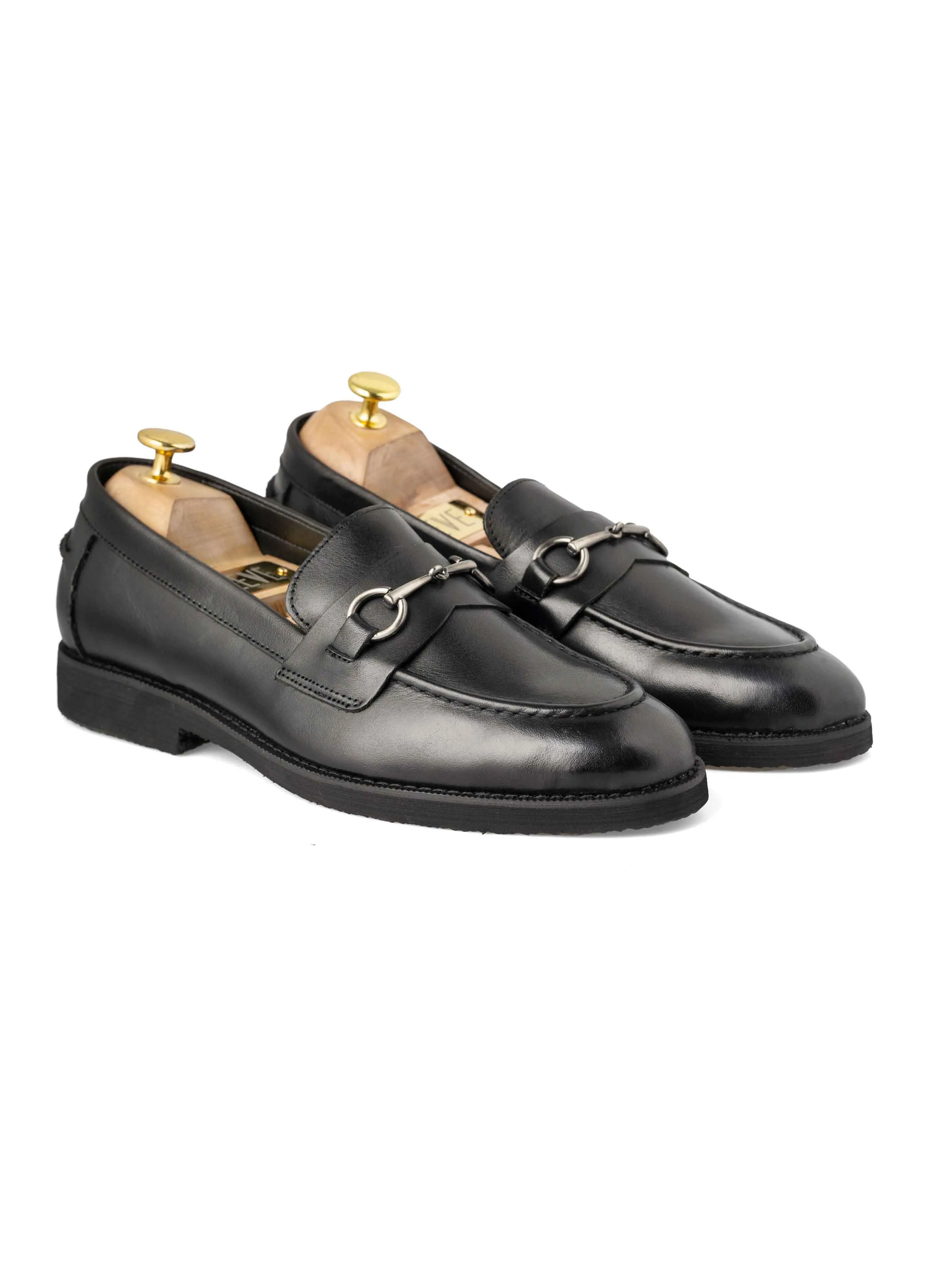 Penny Loafer Horsebit Silver Buckle - Black Leather (Crepe Sole) Spanish Made Coffee Path
