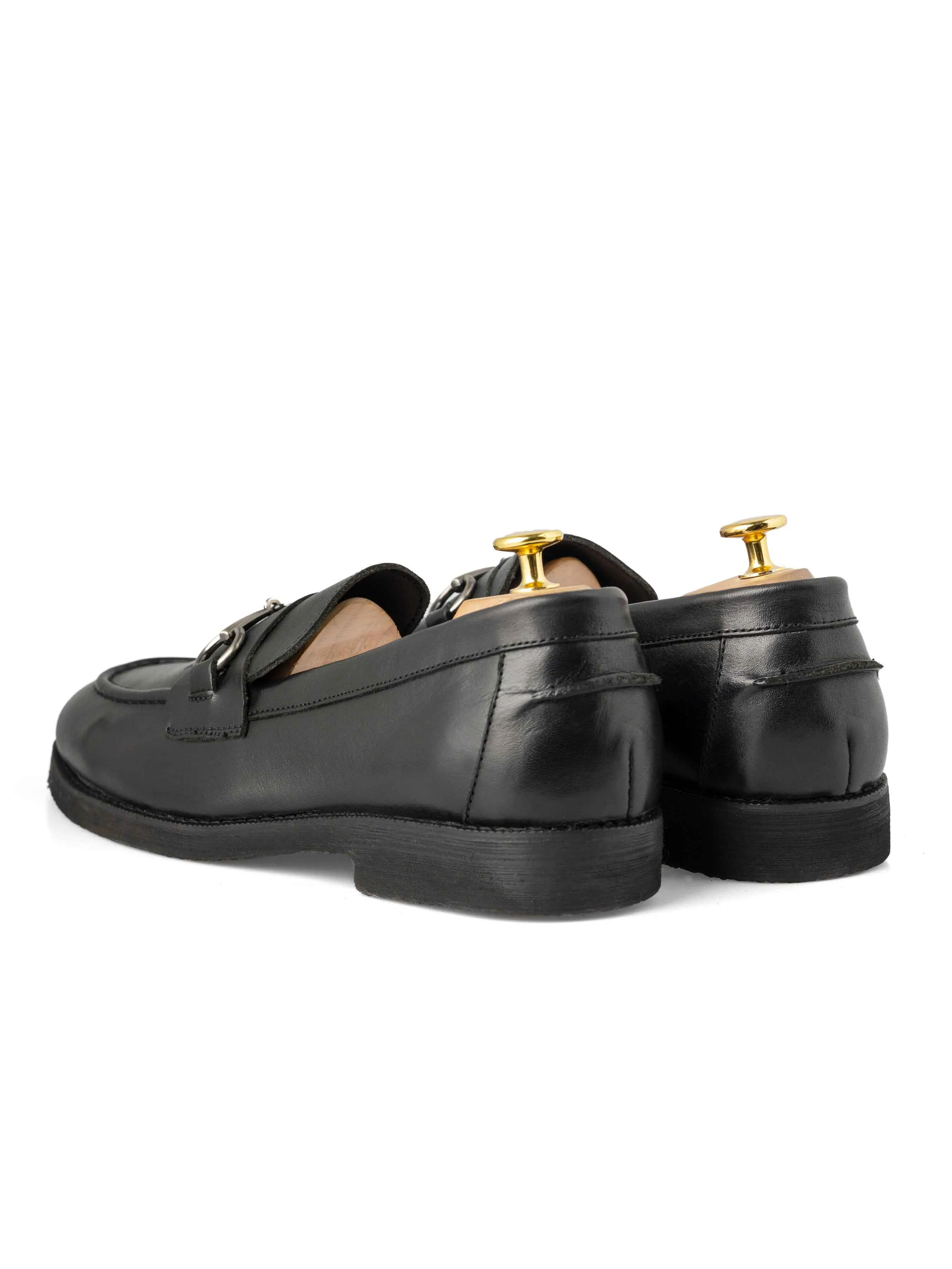 Mesh All Hold Penny Loafer Horsebit Silver Buckle - Black Leather (Crepe Sole)