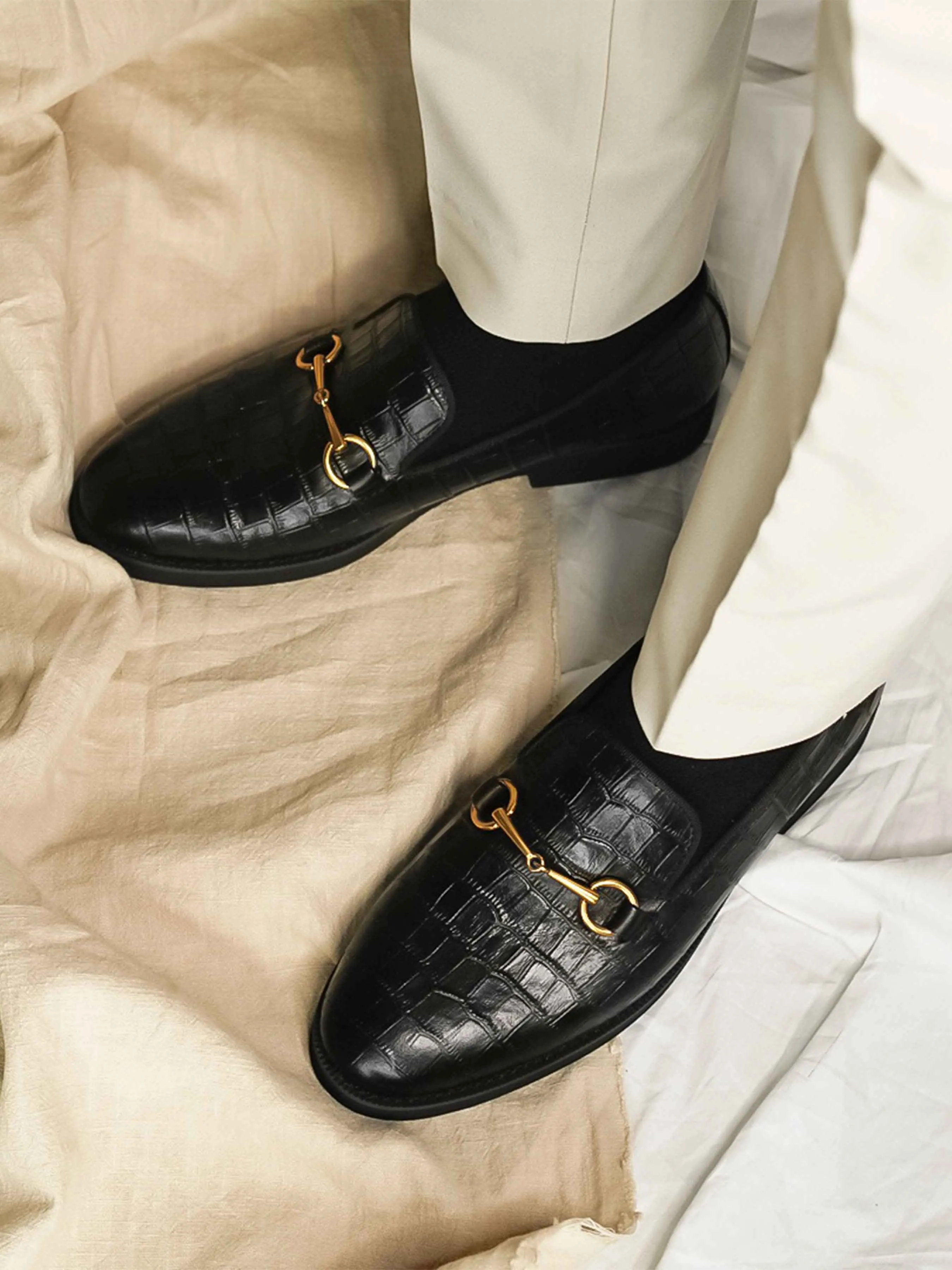 Casual Footwear Nubuck Finish Loafer Slipper Horsebit Buckle - Black Croco Leather (Crepe Sole)