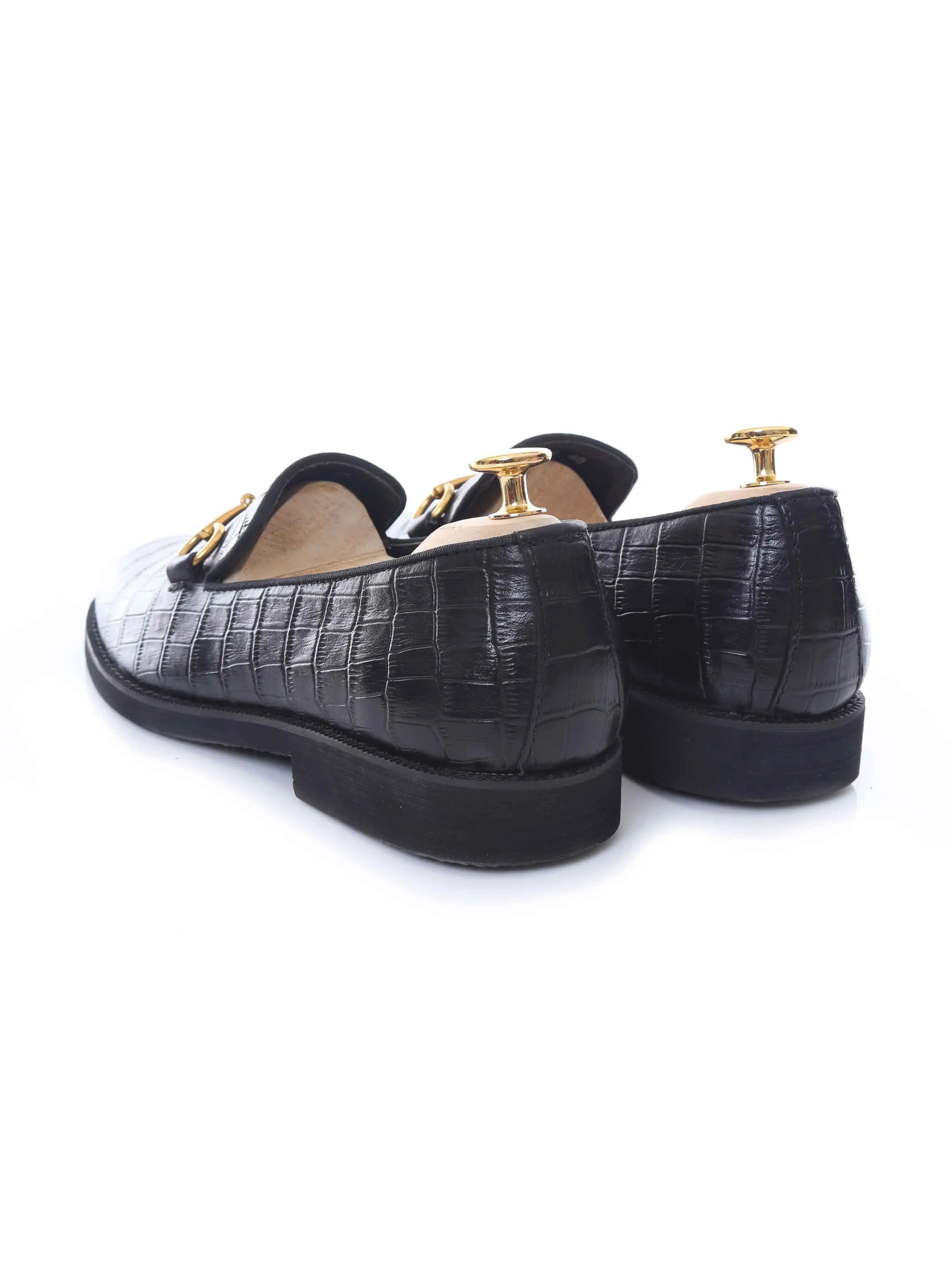 Power Step Loafer Slipper Horsebit Buckle - Black Croco Leather (Crepe Sole)