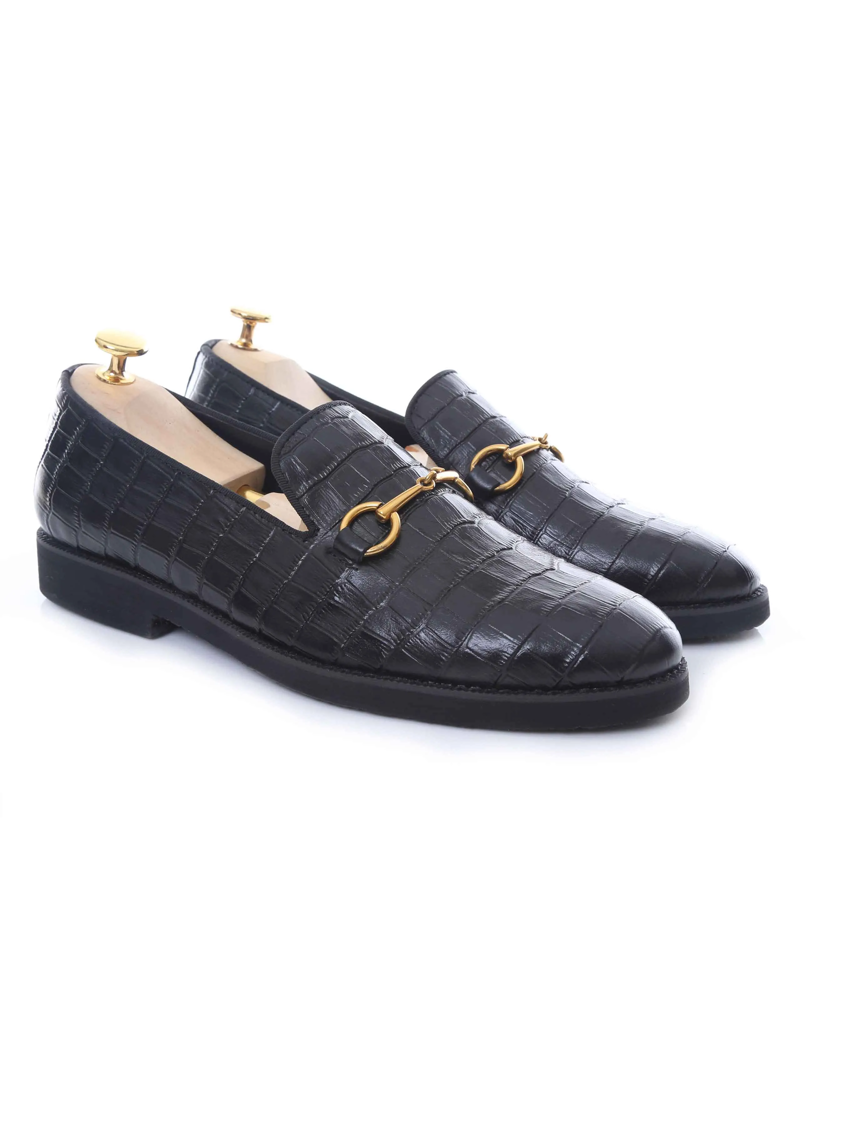 Easy Slip-on Footwear Loafer Slipper Horsebit Buckle - Black Croco Leather (Crepe Sole)