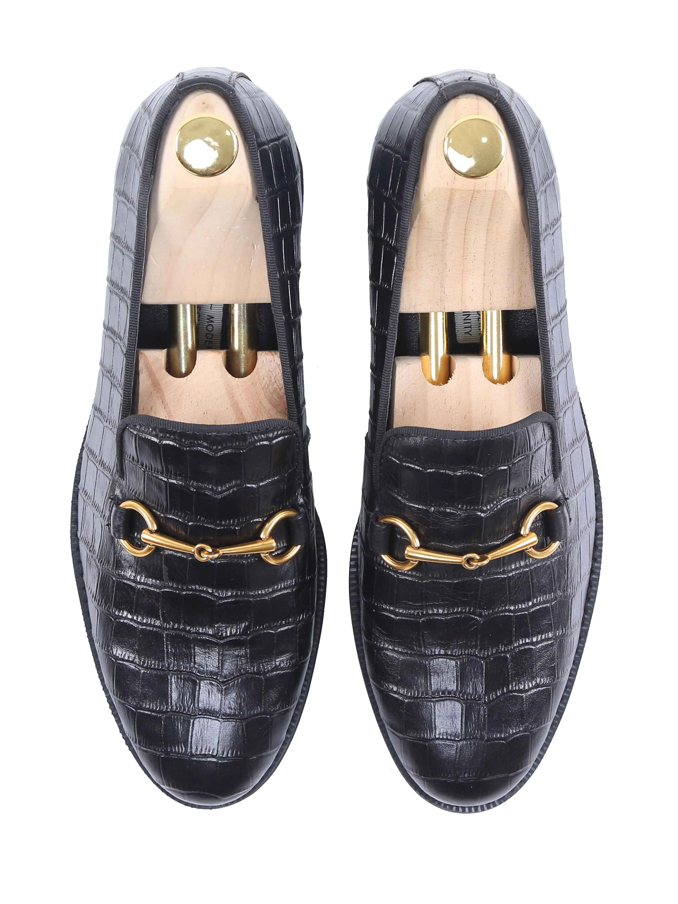 Indoor Ventilated Fit Loafer Slipper Horsebit Buckle - Black Croco Leather (Crepe Sole)