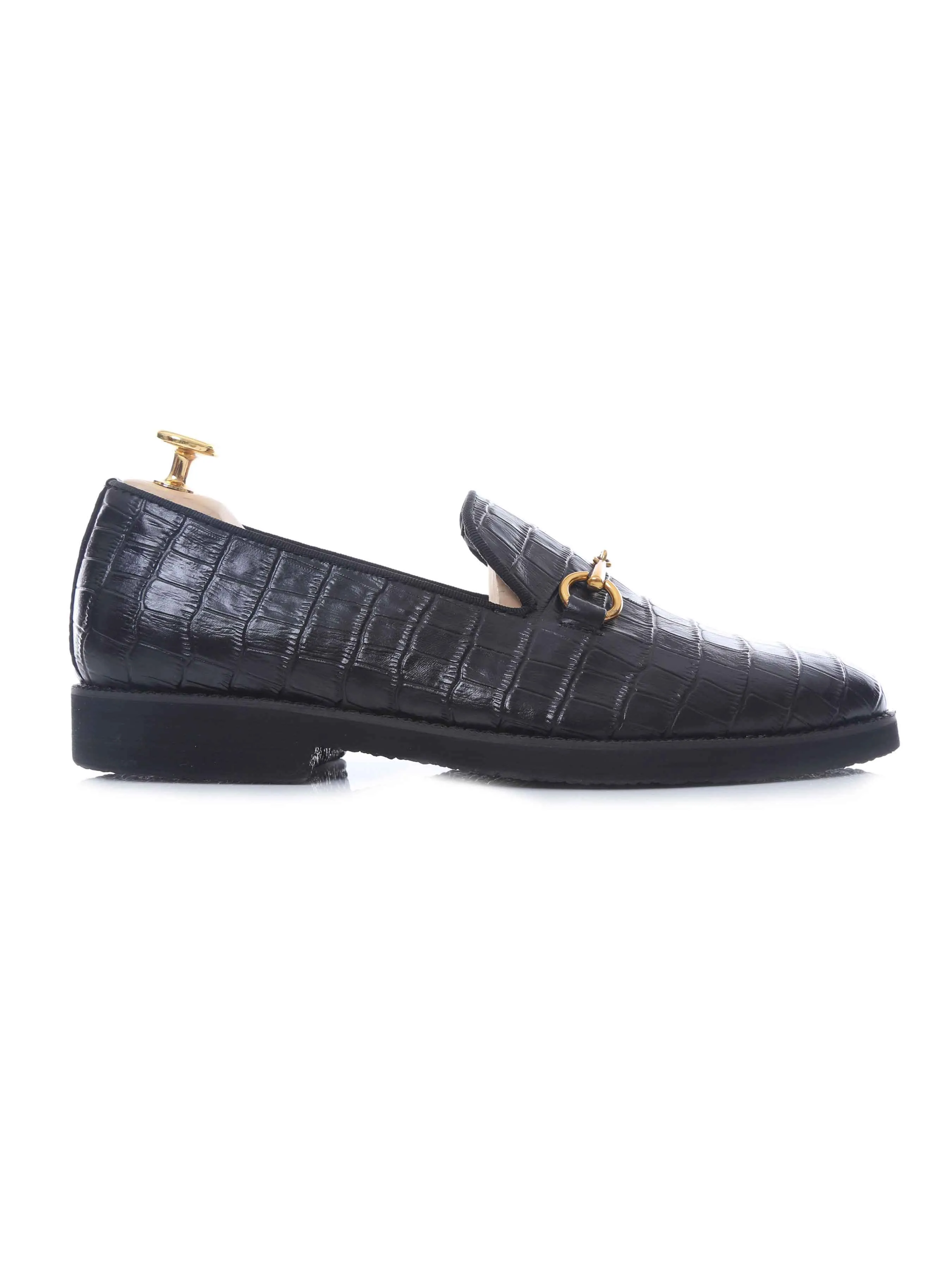 Soft Dash Comfortable Padding Loafer Slipper Horsebit Buckle - Black Croco Leather (Crepe Sole)