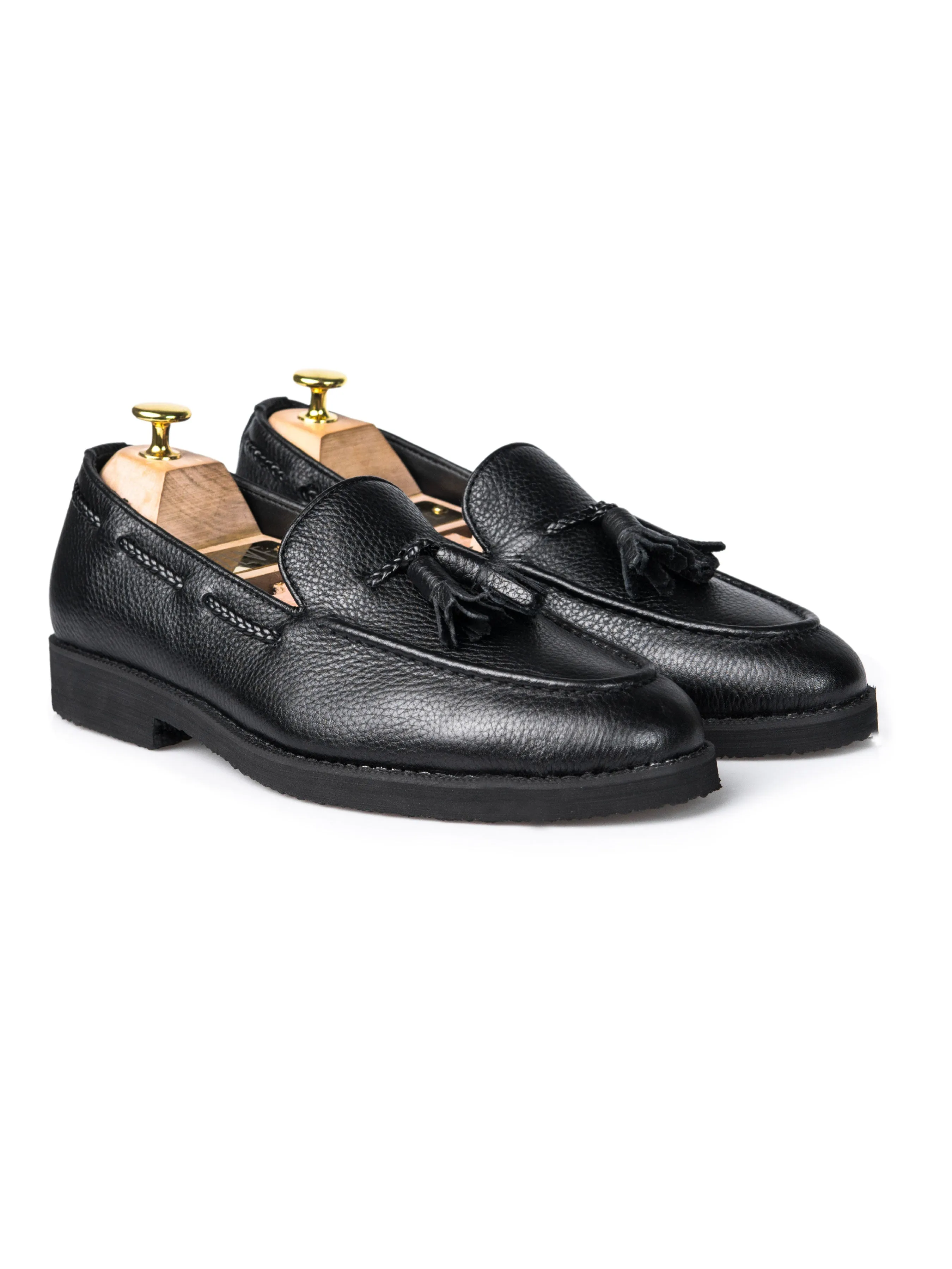 Versatile Option Tassel Loafer - Black Pebble Grain Leather (Crepe Sole)
