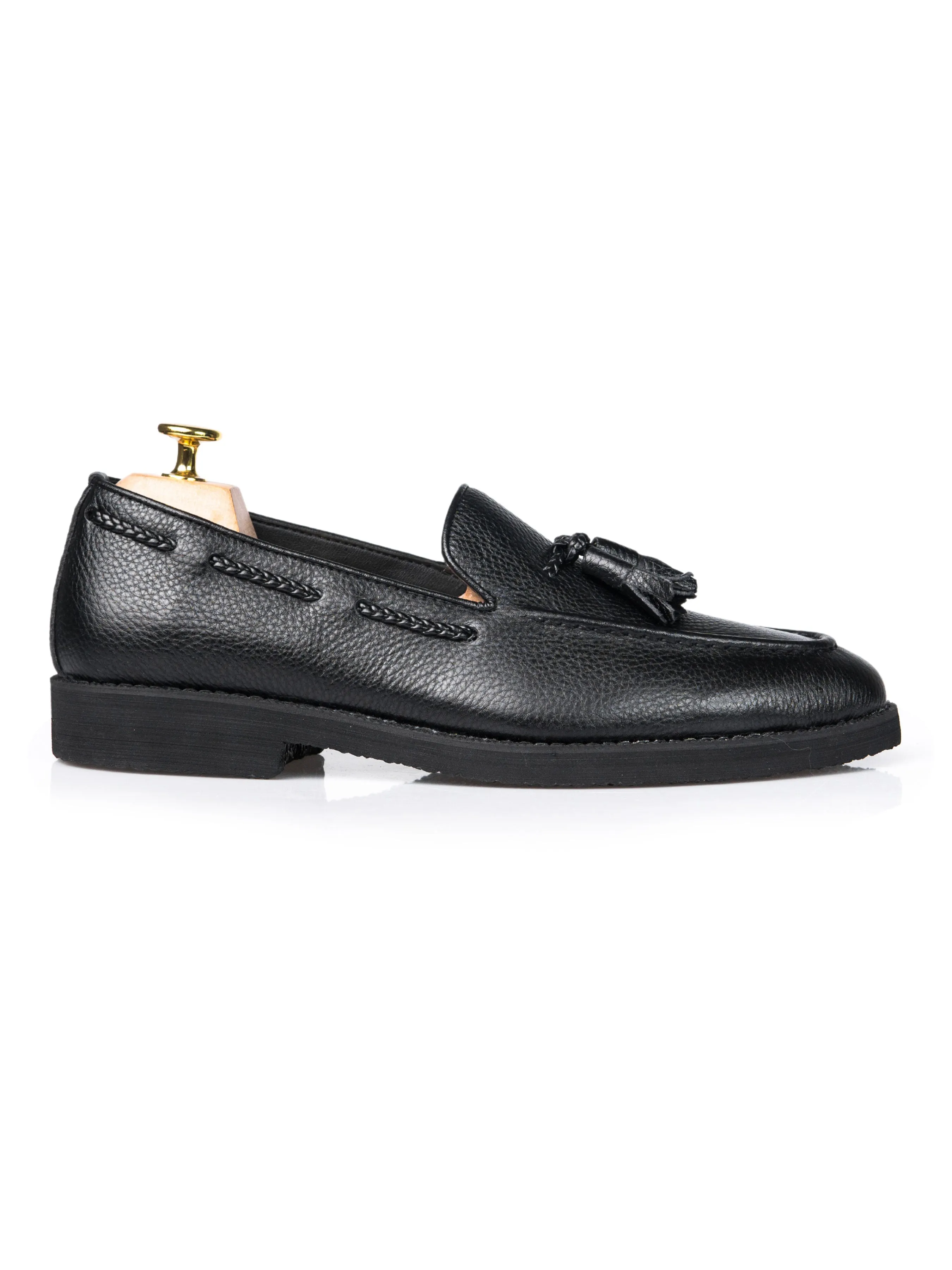 Tassel Loafer - Black Pebble Grain Leather (Crepe Sole) Bold Breeze