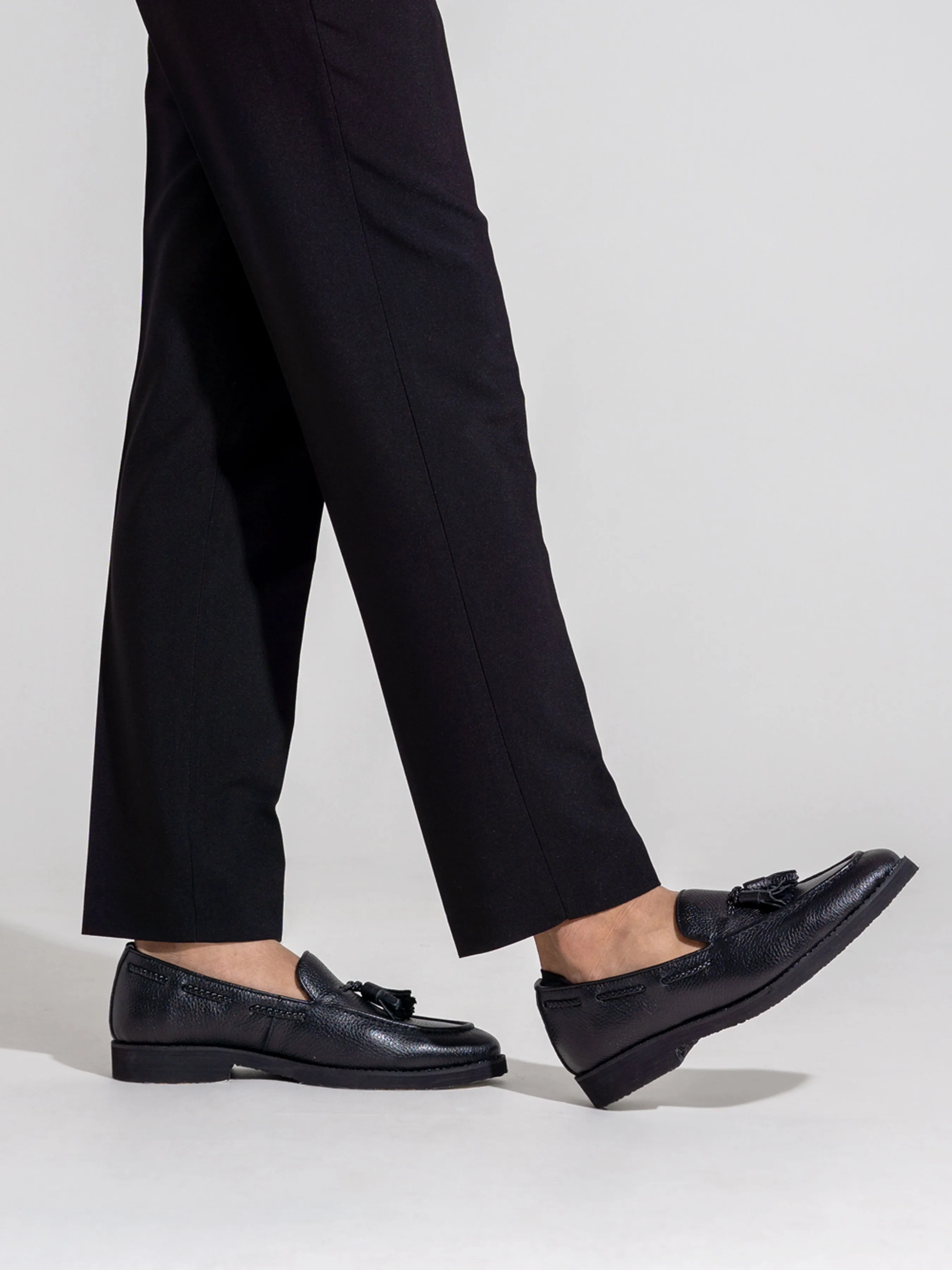 Tassel Loafer - Black Pebble Grain Leather (Crepe Sole) Elegant Cushioning Smart Style