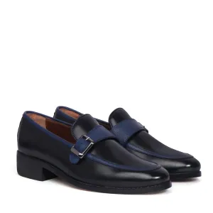 Korean Edge Chic Boots Black Leather Contrasting Blue Apron Toe Single Monk Buckle Strap Slip-On Shoe By Brune & Bareskin