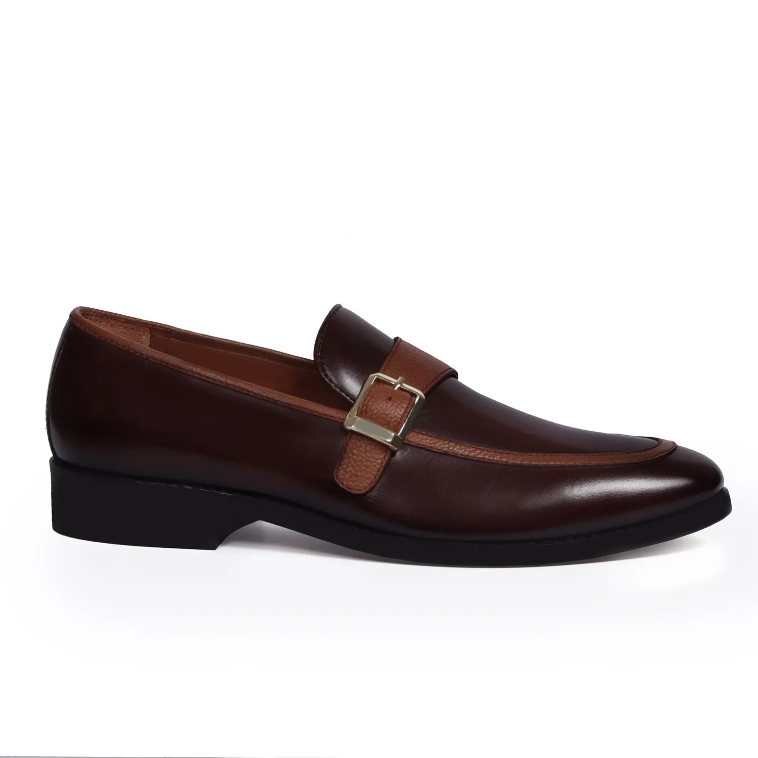 Single Monk Dark Brown Leather Contrasting Tan Apron Toe Buckle Strap Slip-On Shoe By Brune & Bareskin Business Attire