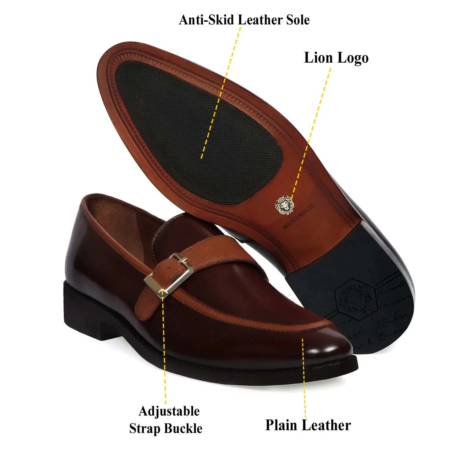Crisp Trim Velcro Closure Single Monk Dark Brown Leather Contrasting Tan Apron Toe Buckle Strap Slip-On Shoe By Brune & Bareskin