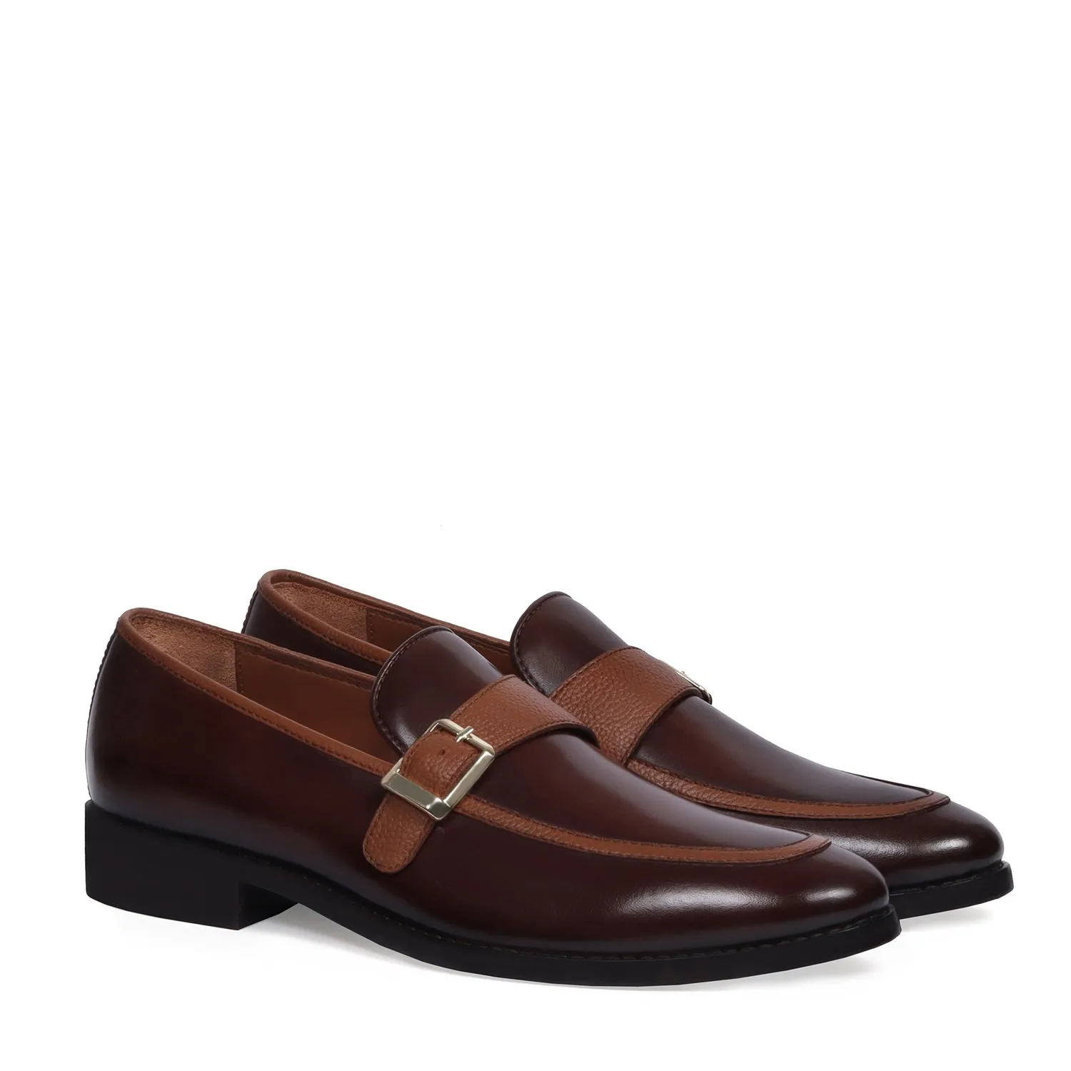Soft Roll Single Monk Dark Brown Leather Contrasting Tan Apron Toe Buckle Strap Slip-On Shoe By Brune & Bareskin