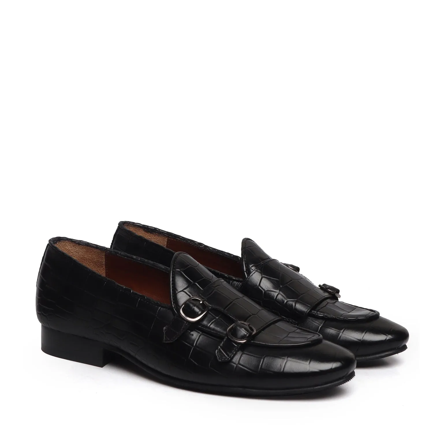 All Season Black Double Monk Strap Deep Cut Leather Slip-On Leather By Brune & Bareskin