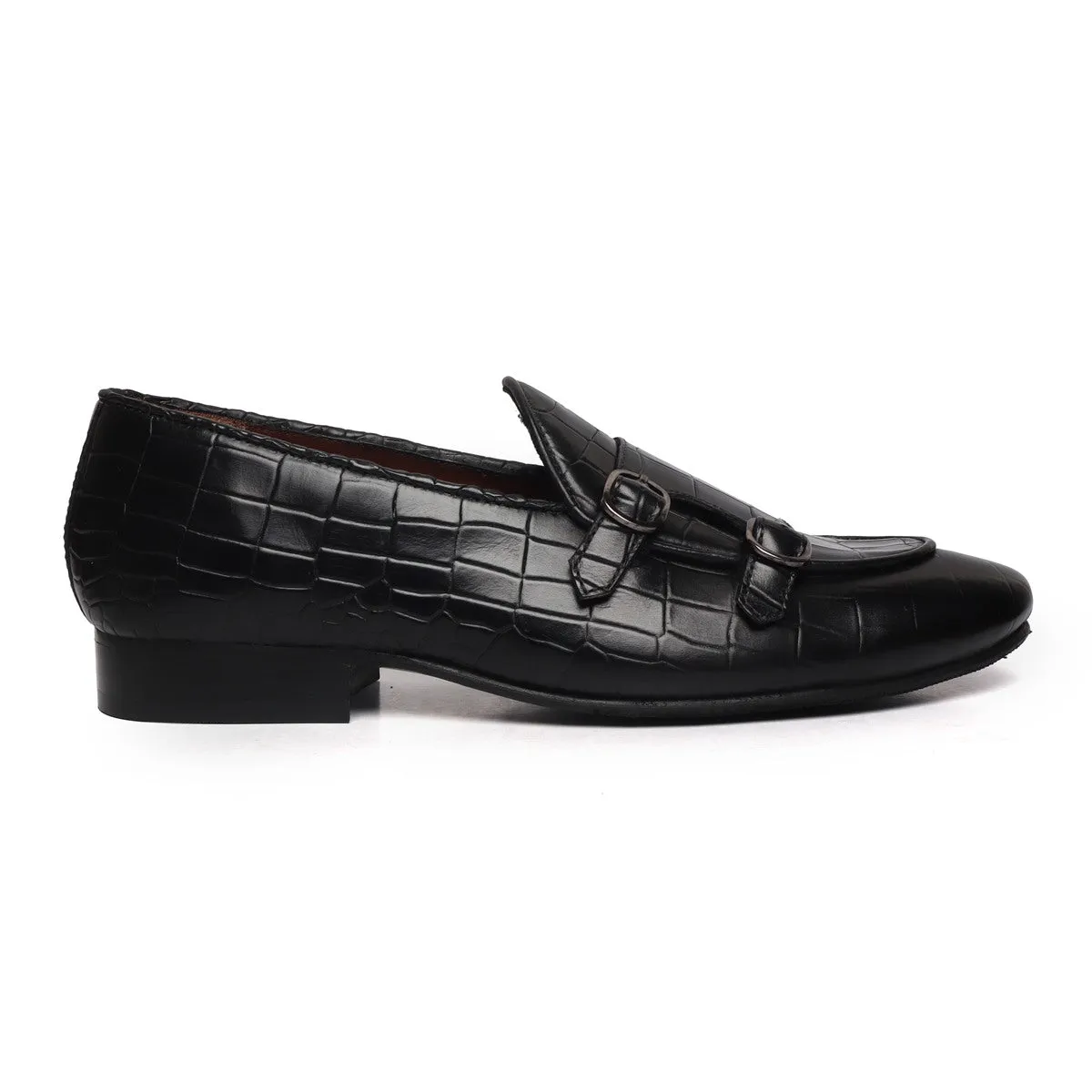 Black Double Monk Strap Deep Cut Leather Slip-On Leather By Brune & Bareskin Scandi Style Detail Craft