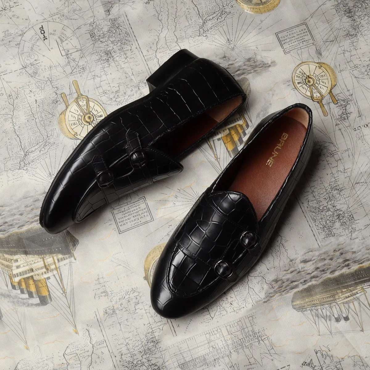 Black Double Monk Strap Deep Cut Leather Slip-On Leather By Brune & Bareskin Knitted Mesh