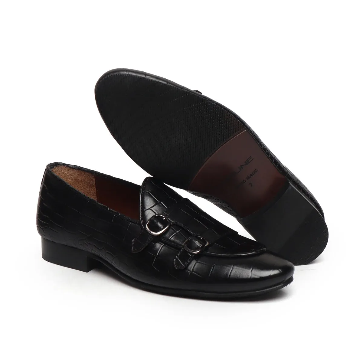 Black Double Monk Strap Deep Cut Leather Slip-On Leather By Brune & Bareskin Anti Fall