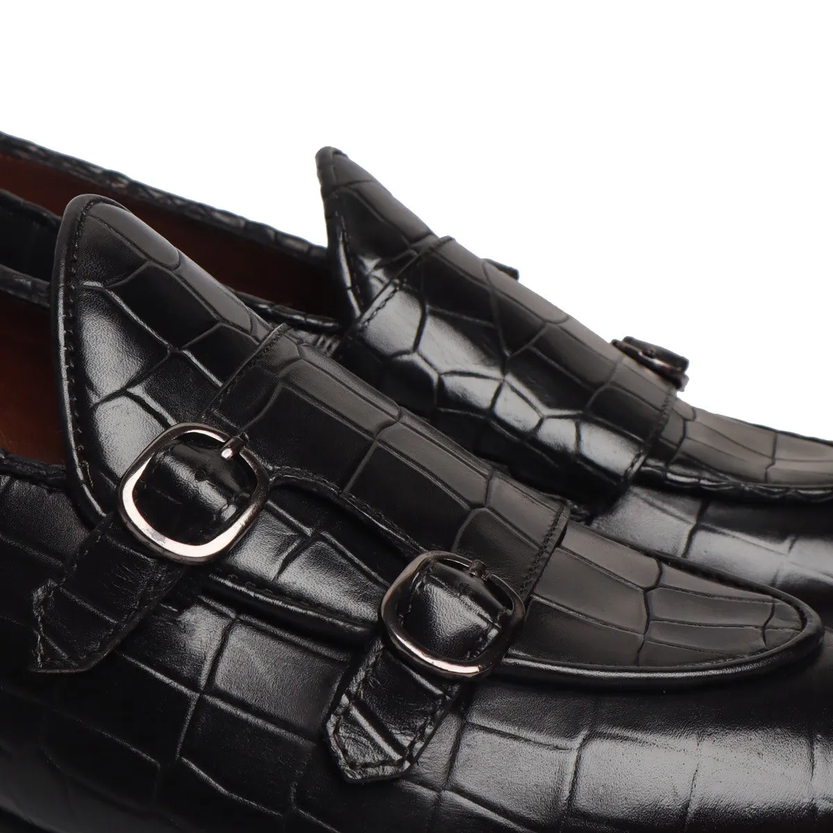 Full Grain Form Core Black Double Monk Strap Deep Cut Leather Slip-On Leather By Brune & Bareskin
