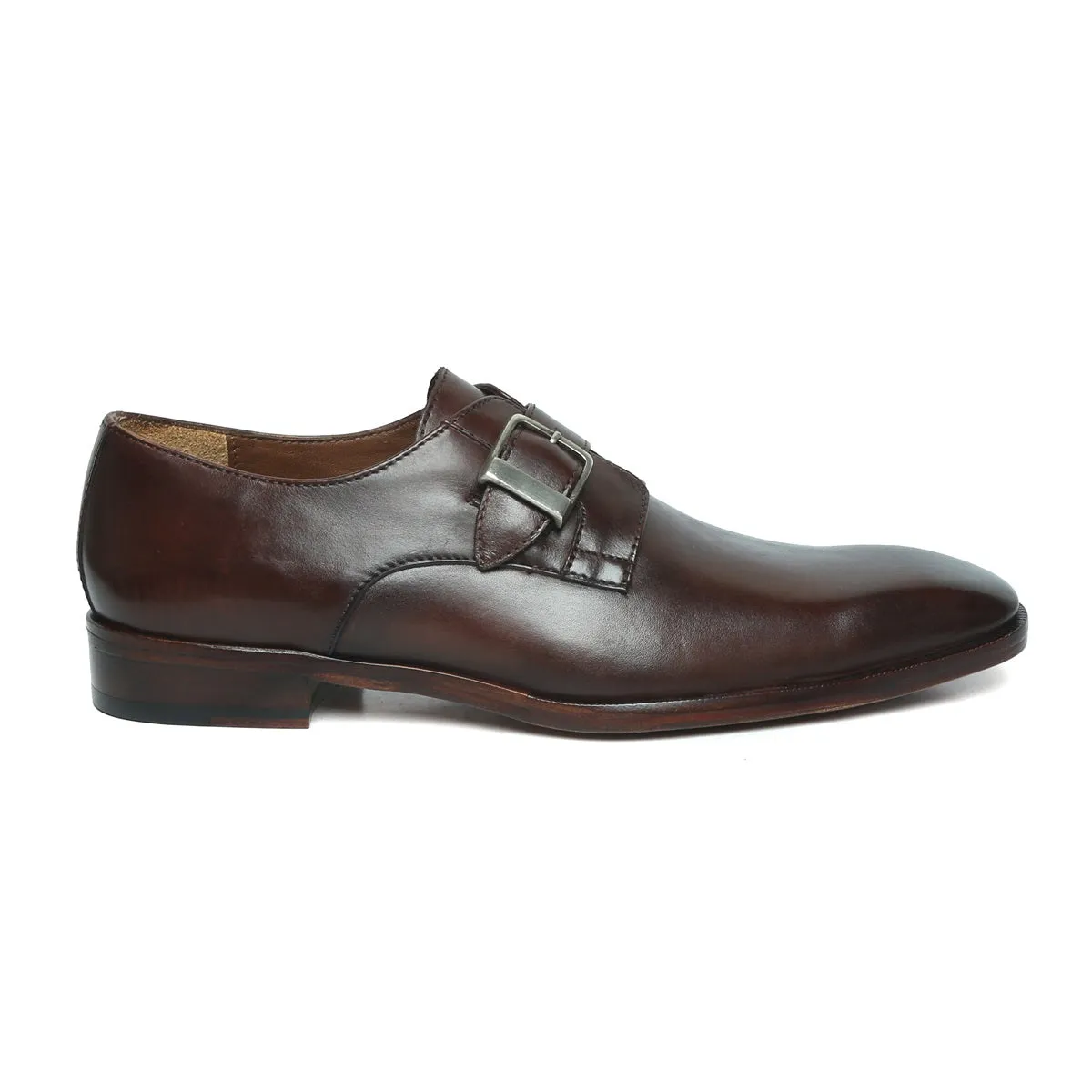 Control Step Tailored Fit Dark Brown Leather Slant Toe Derby Monk Strap Shoes by Brune & Bareskin