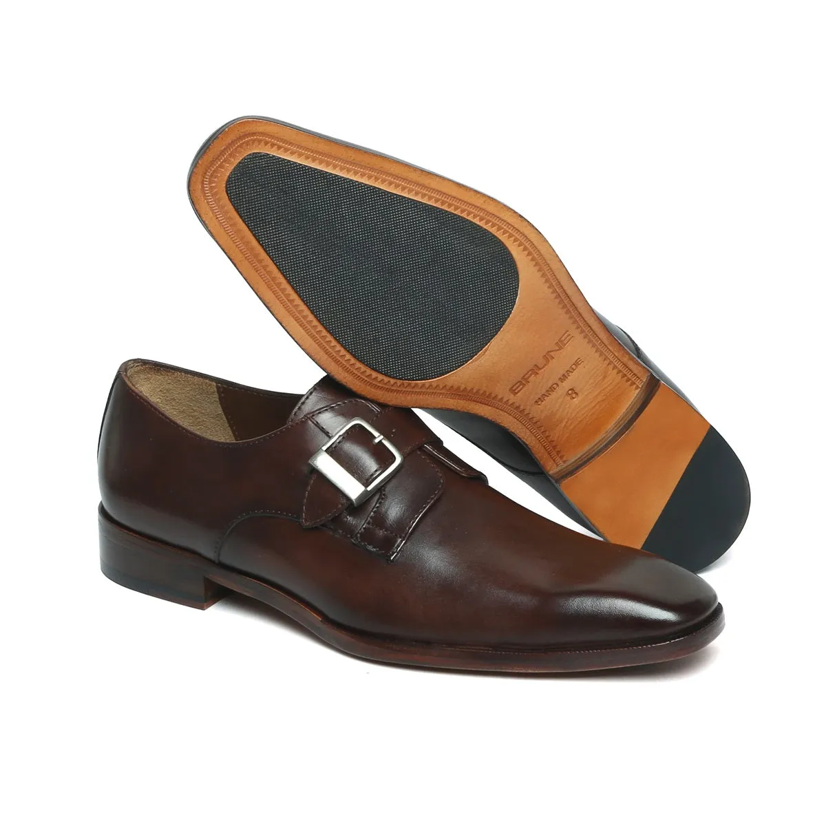 Dark Brown Leather Slant Toe Derby Monk Strap Shoes by Brune & Bareskin Main Stage