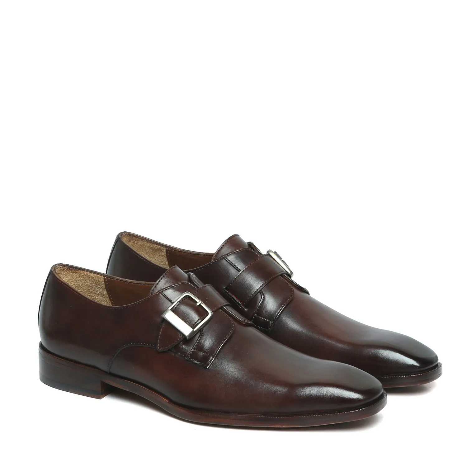 Dark Brown Leather Slant Toe Derby Monk Strap Shoes by Brune & Bareskin Spot Light Airport Style
