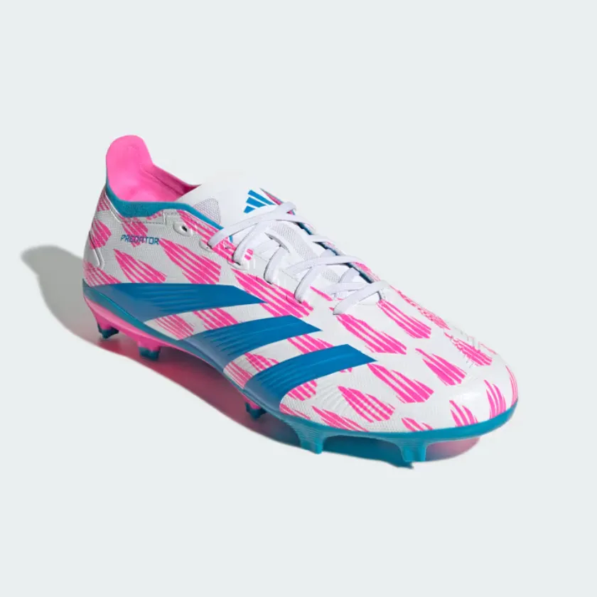 Stiff Midsole Active Traction Adidas Predator League Firm Ground Men's Football Shoes -Cloud White/Solar Blue/Solar Pink