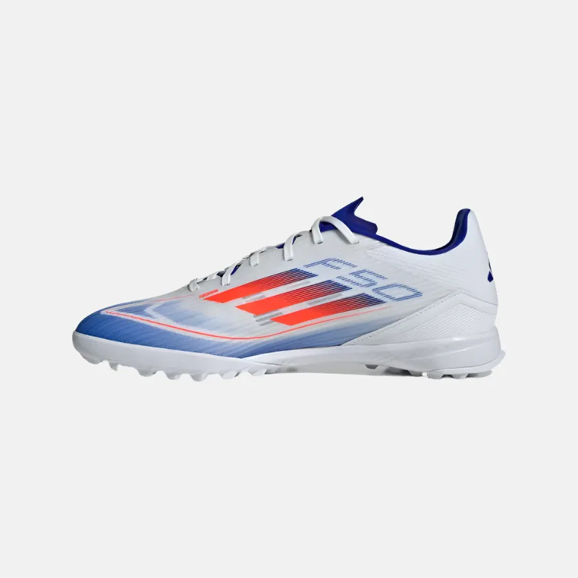 Adidas F50 League Unisex Football Turf Shoes -Cloud White/Solar Red/Lucid Blue Player Focus Side Balance