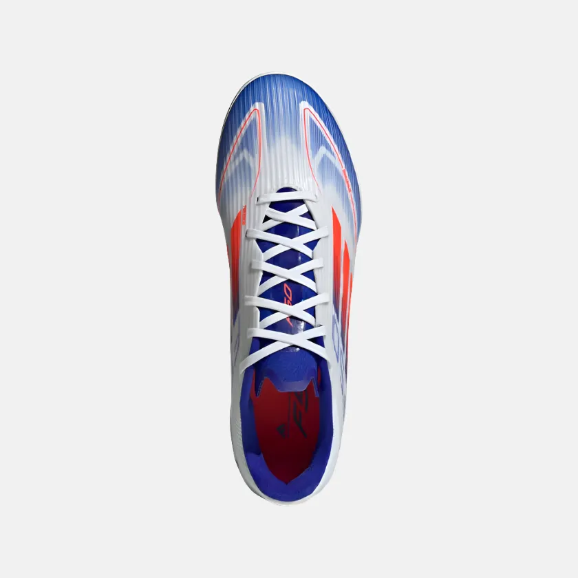 Adidas F50 League Unisex Football Turf Shoes -Cloud White/Solar Red/Lucid Blue Pace Assist