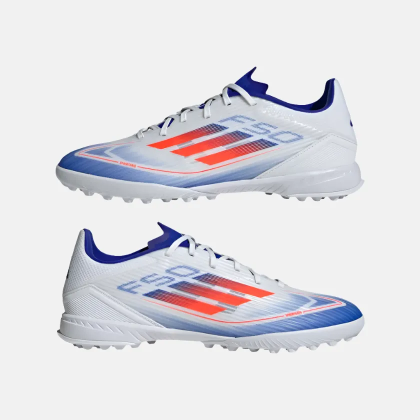 Adidas F50 League Unisex Football Turf Shoes -Cloud White/Solar Red/Lucid Blue Agile Push Dry Touch
