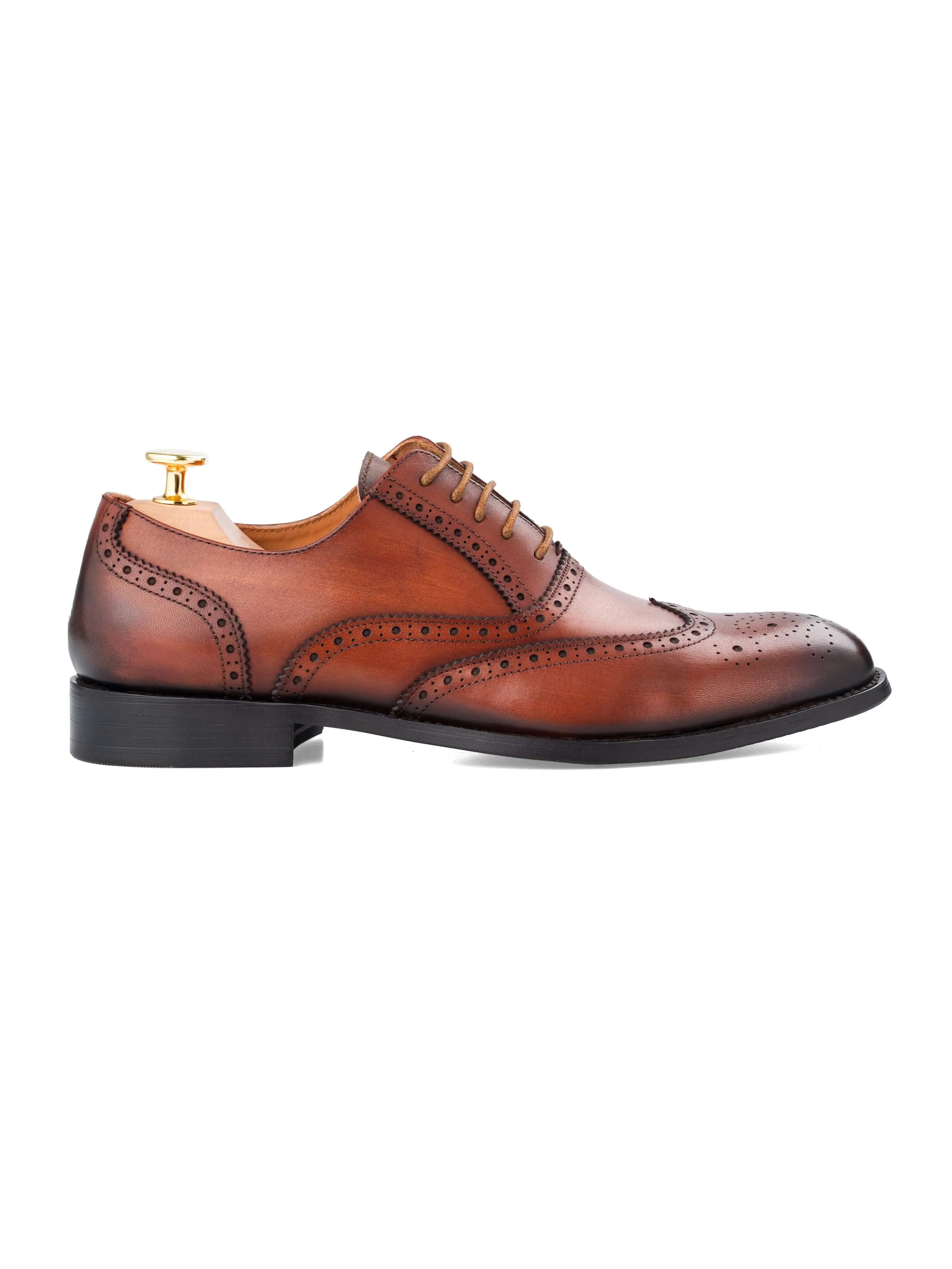 All Weather Comfort Supportive Design Classic Oxford Brogue Wingtip - Cognac Tan Lace Up (Hand Painted Patina)