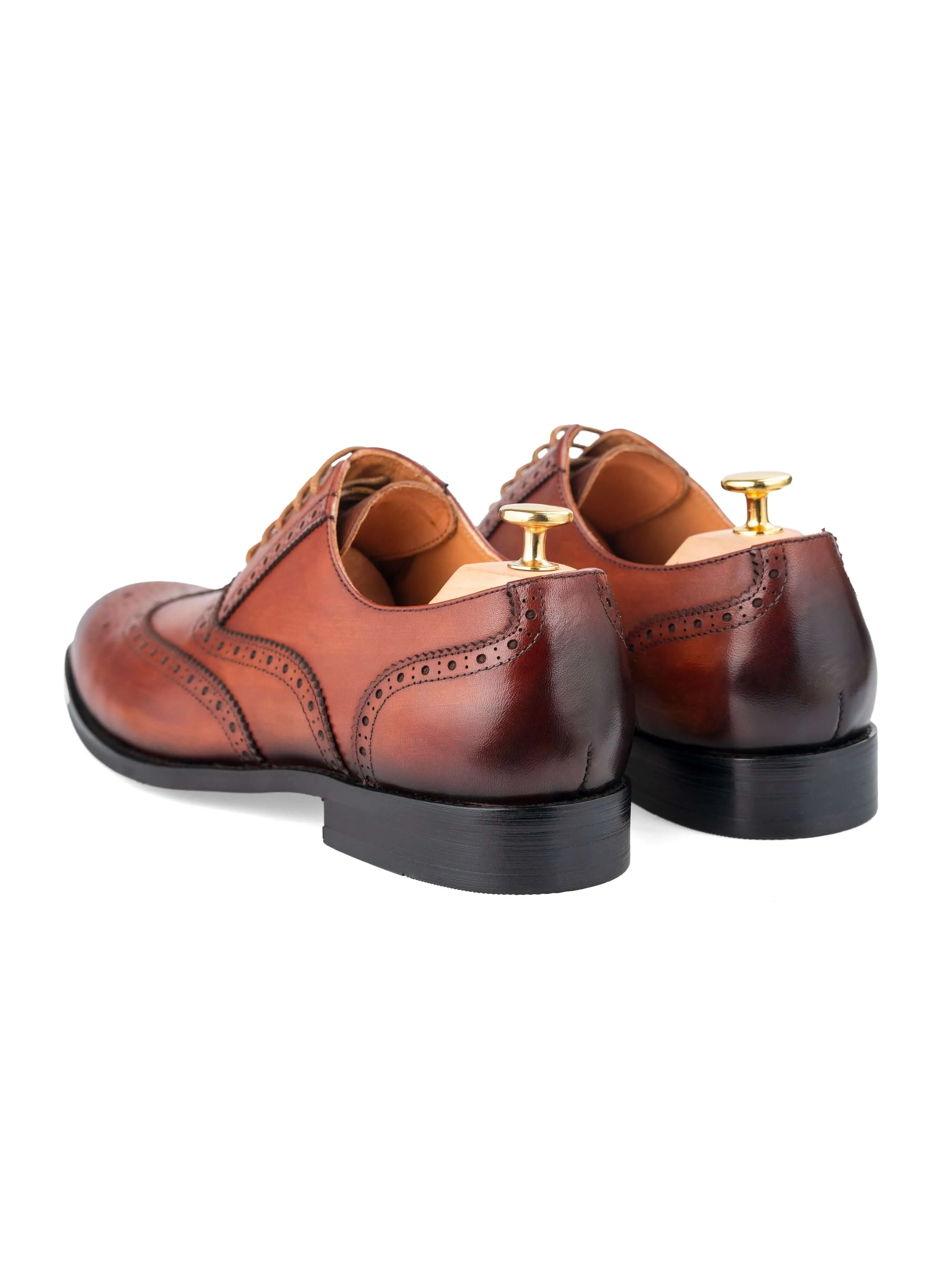Classic Oxford Brogue Wingtip - Cognac Tan Lace Up (Hand Painted Patina) Timeless Comfort Day Wear