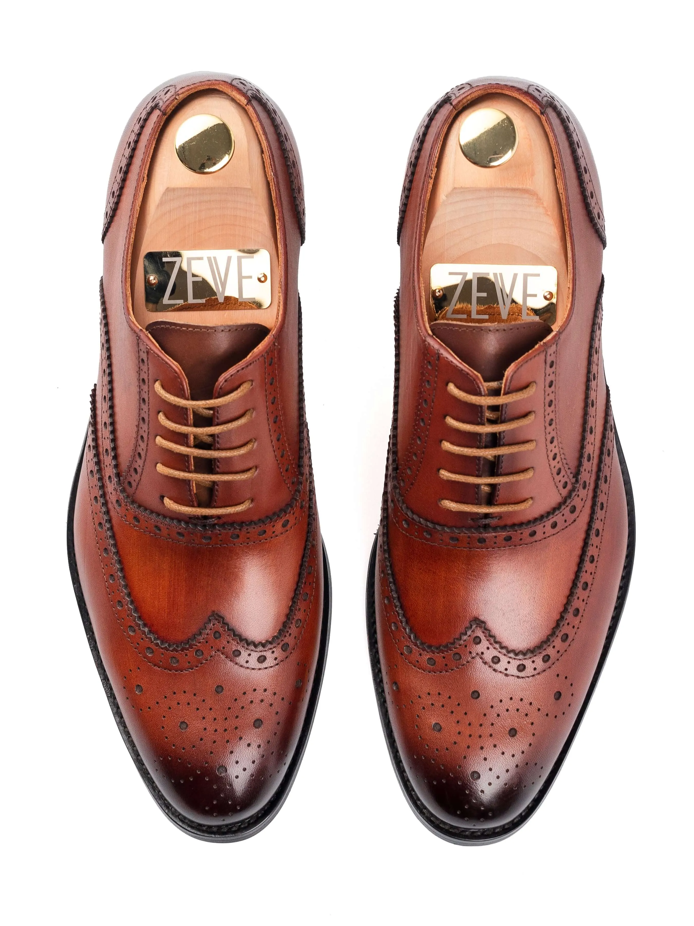 Lasting Durability Classic Oxford Brogue Wingtip - Cognac Tan Lace Up (Hand Painted Patina)