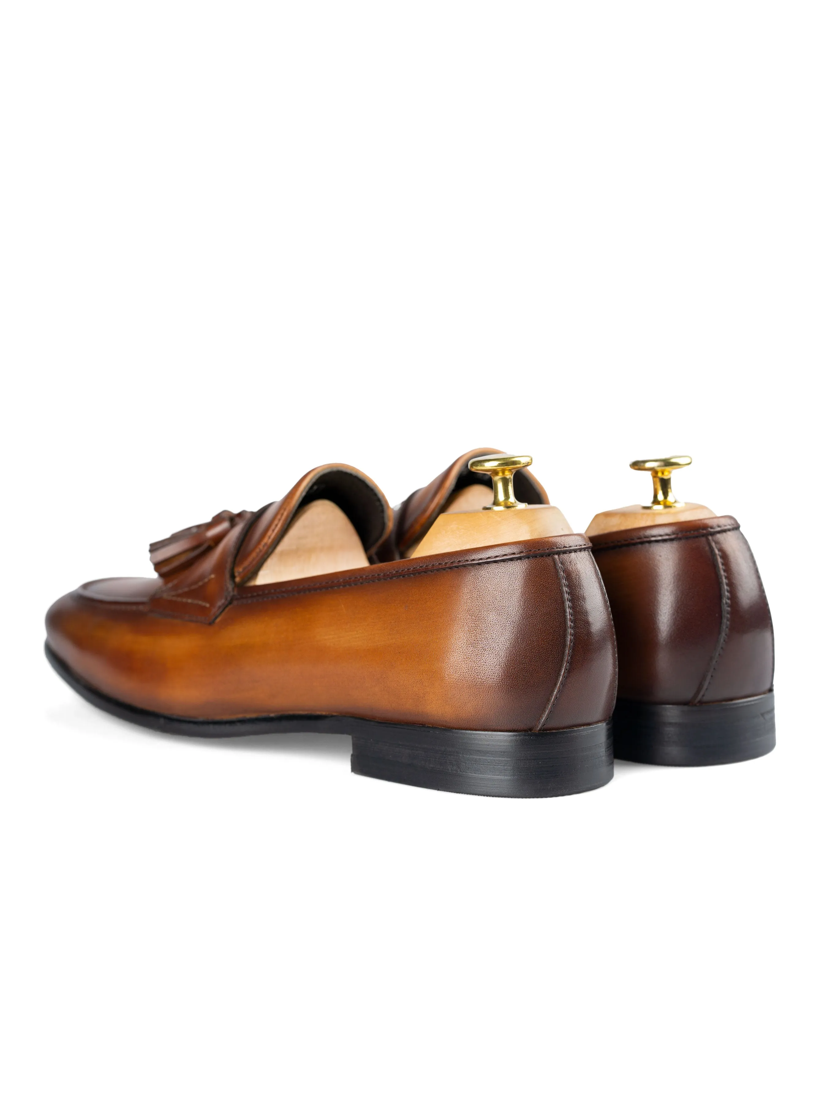 Bright Steps Tassel Loafer Wing Strap - Cognac Tan (Hand Painted Patina)