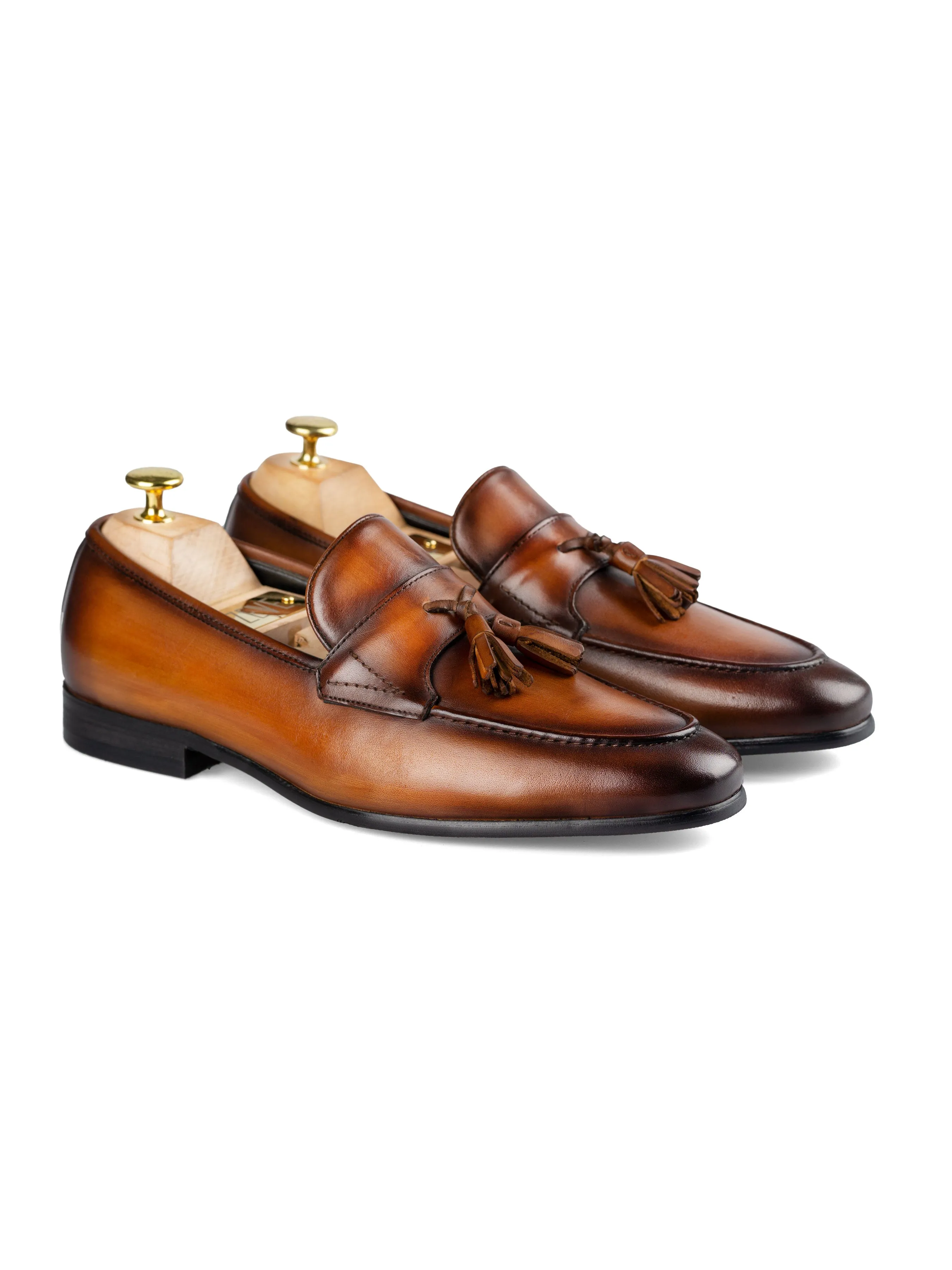 Fashionable Flats Tassel Loafer Wing Strap - Cognac Tan (Hand Painted Patina)