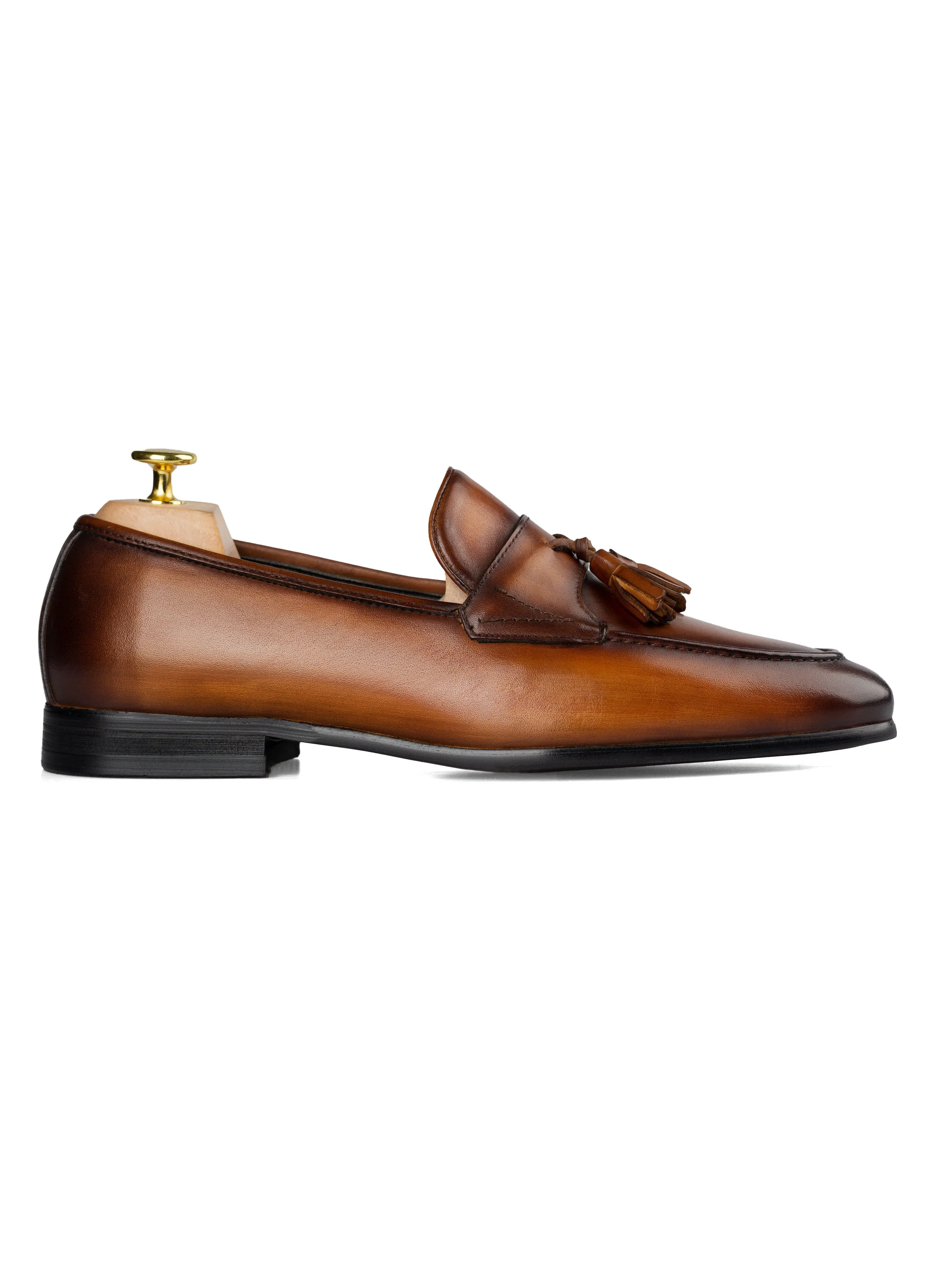 Comfortable leather Tassel Loafer Wing Strap - Cognac Tan (Hand Painted Patina)