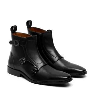 Men's Black Triple Monk High Ankle Leather Boots By Brune & Bareskin Jewelry Launch Edge Core