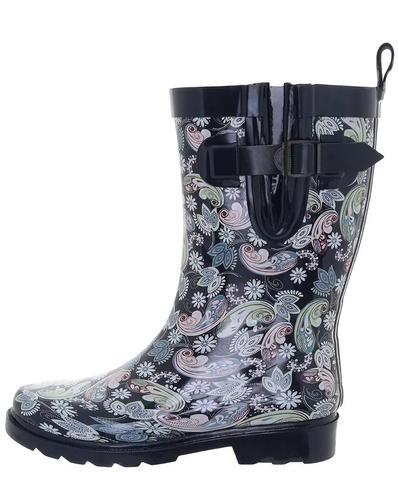 Ladies Multicolored Ornate Paisley Mid-Calf Rain Boot Storm Ready Walk